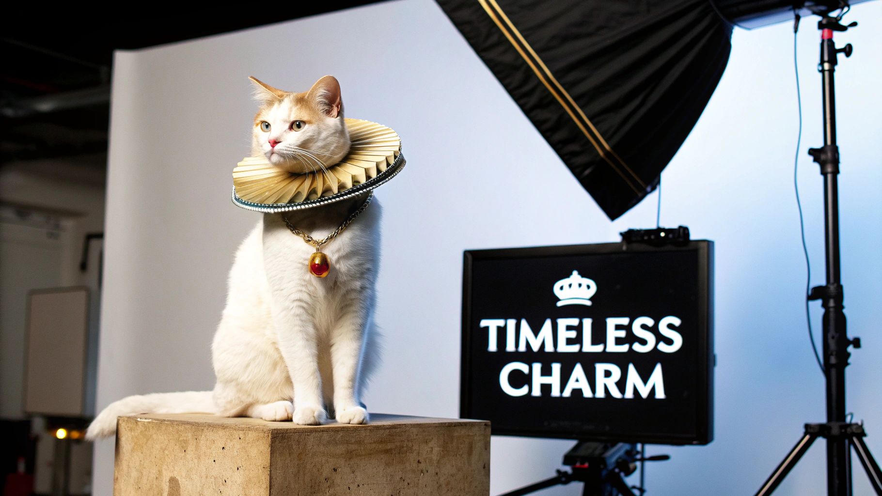 White cat wearing gold Elizabethan ruff collar and jeweled necklace in professional photography studio