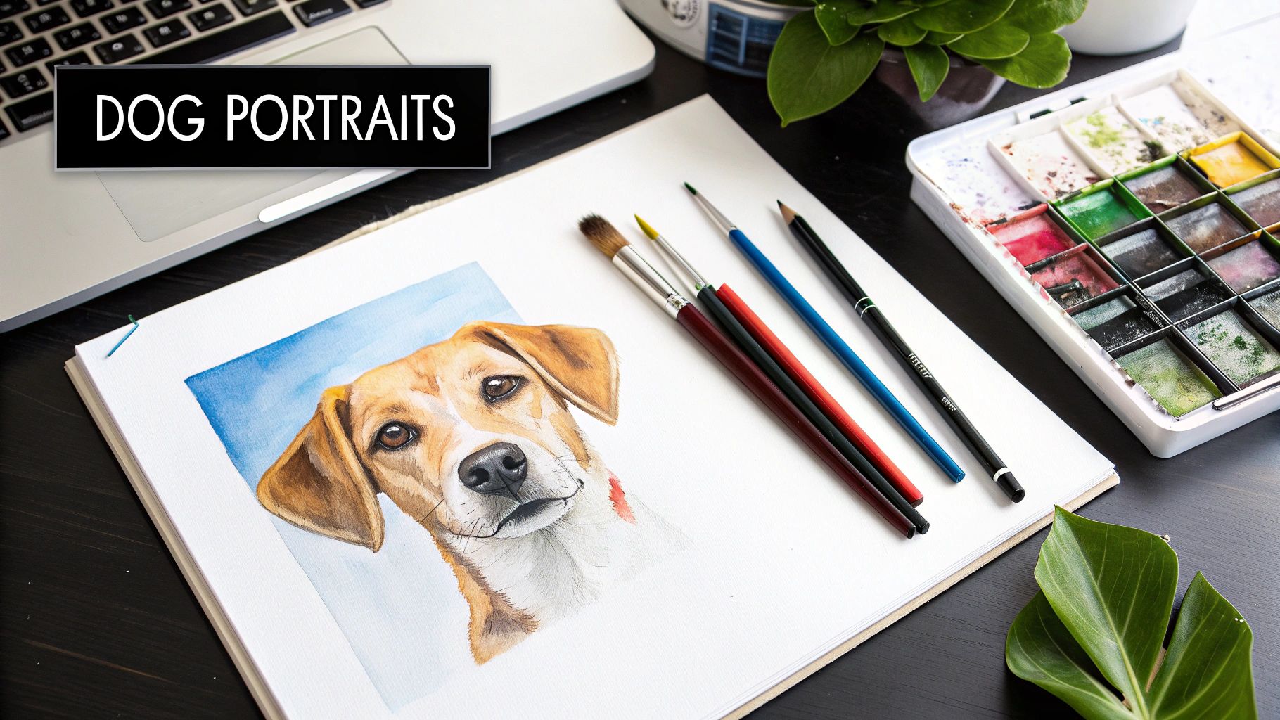 A detailed watercolor portrait of a brown and white dog looking attentively at the viewer, set against a soft, abstract background.