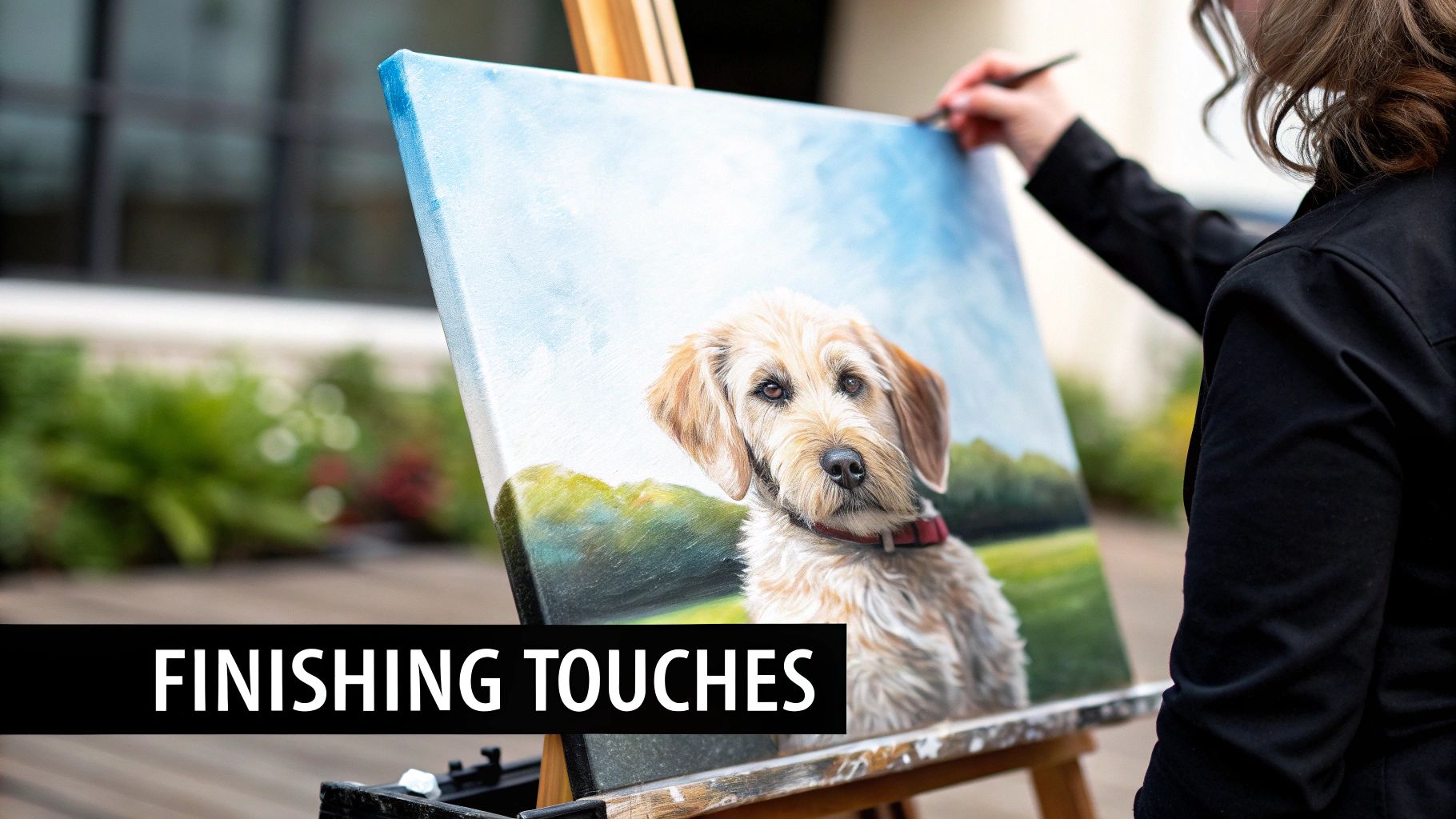 A painter adds finishing touches to a realistic pet portrait of a fluffy brown dog on an easel outdoors.