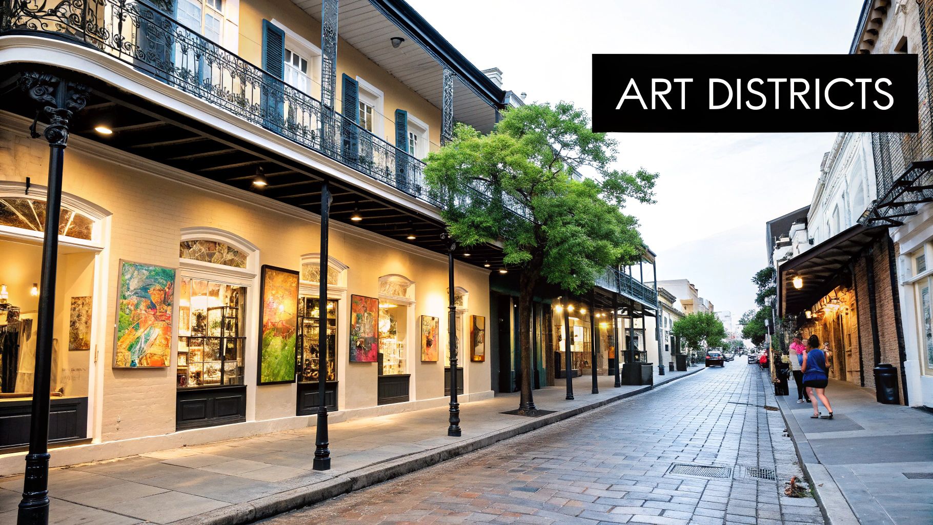 A bright and colorful street in New Orleans lined with art galleries and balconies