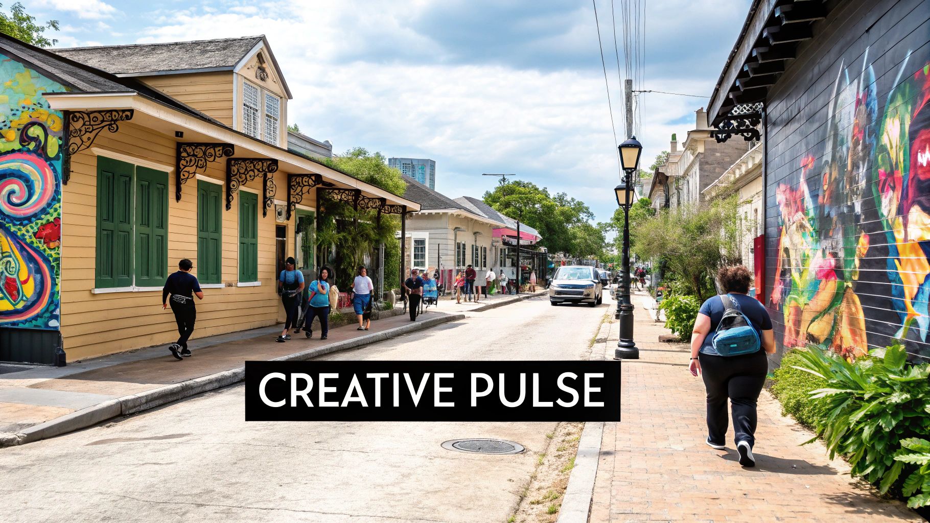 People walking through a lively New Orleans street fair with art stalls and colorful buildings
