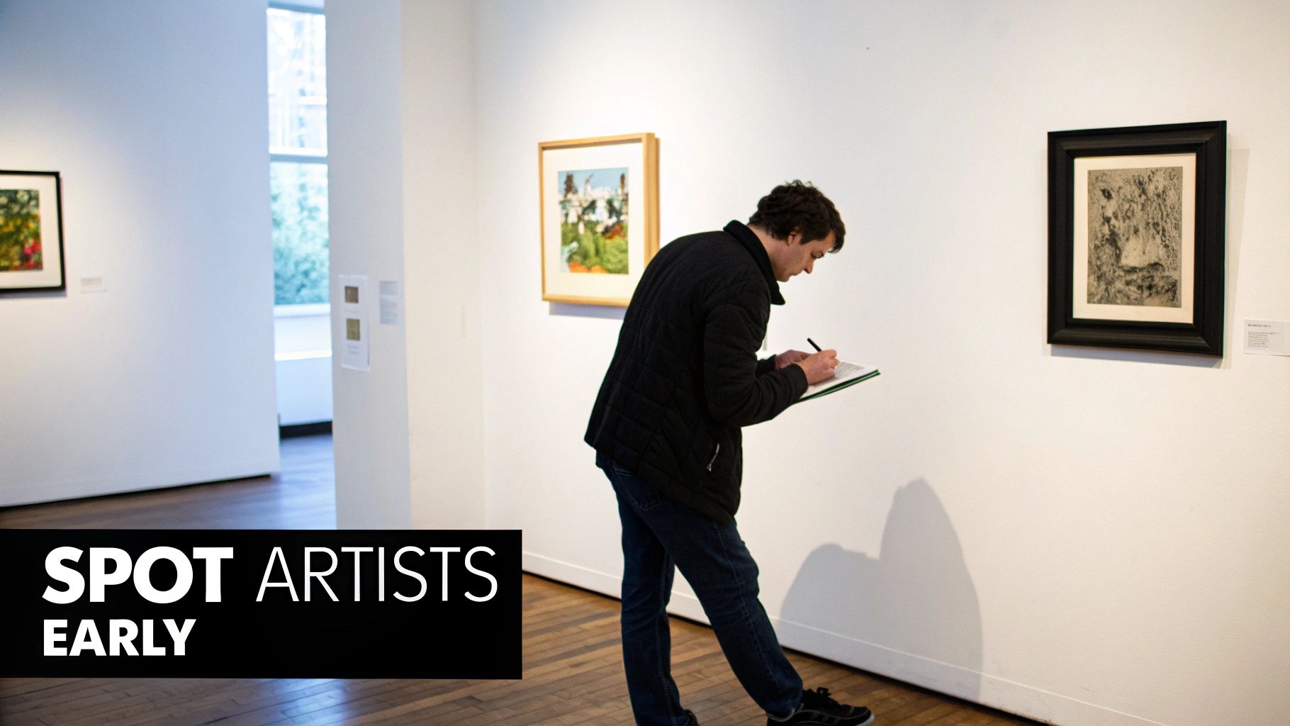 A person in a modern gallery closely inspecting a colorful abstract painting.