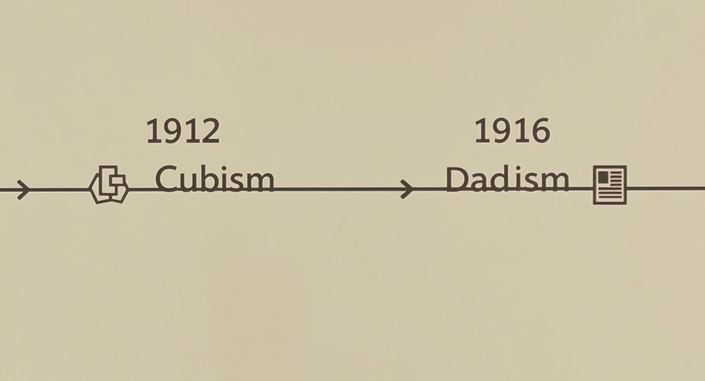 Infographic showing a timeline of early mixed media art, starting with Cubism in 1912 and Dadaism in 1916.