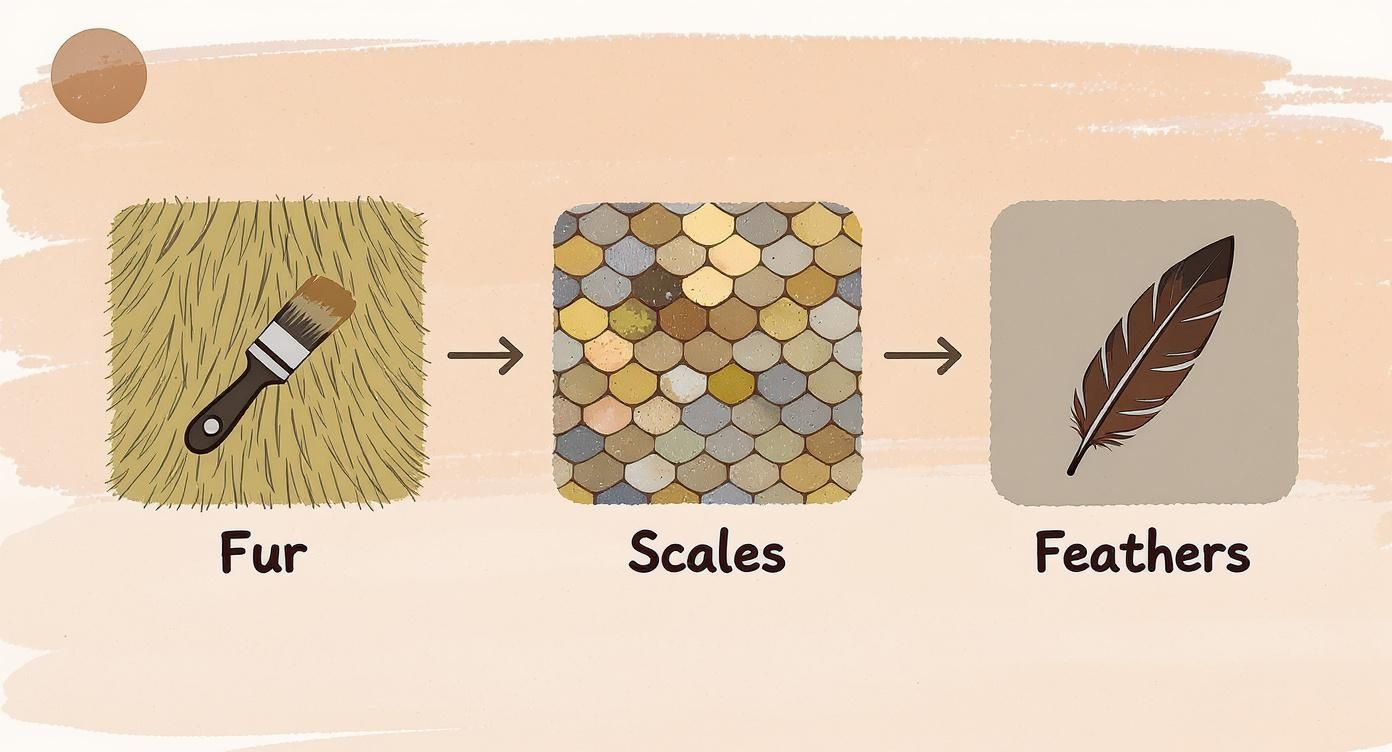 An illustrative diagram showing the transformation from fur, to scales, then to feathers, with a paintbrush on the fur.