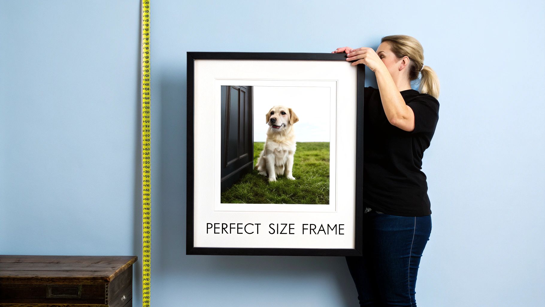 Woman hanging large black framed dog portrait on blue wall demonstrating perfect frame size