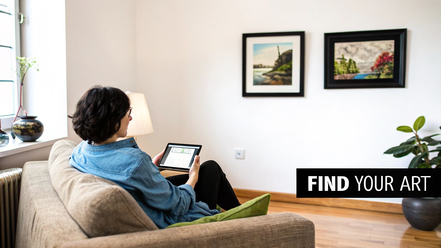 A person confidently browsing art on a tablet in a well-lit room.