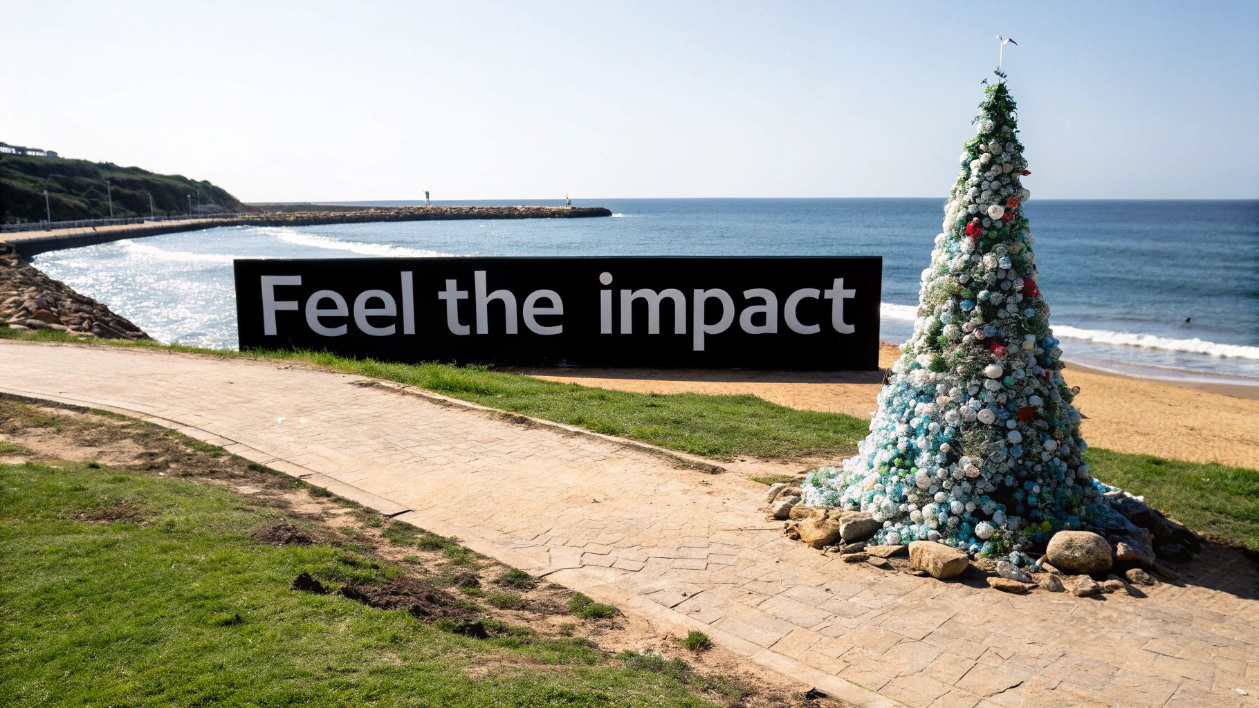 A striking art installation made from recycled materials in a natural setting, symbolizing the intersection of art and nature.