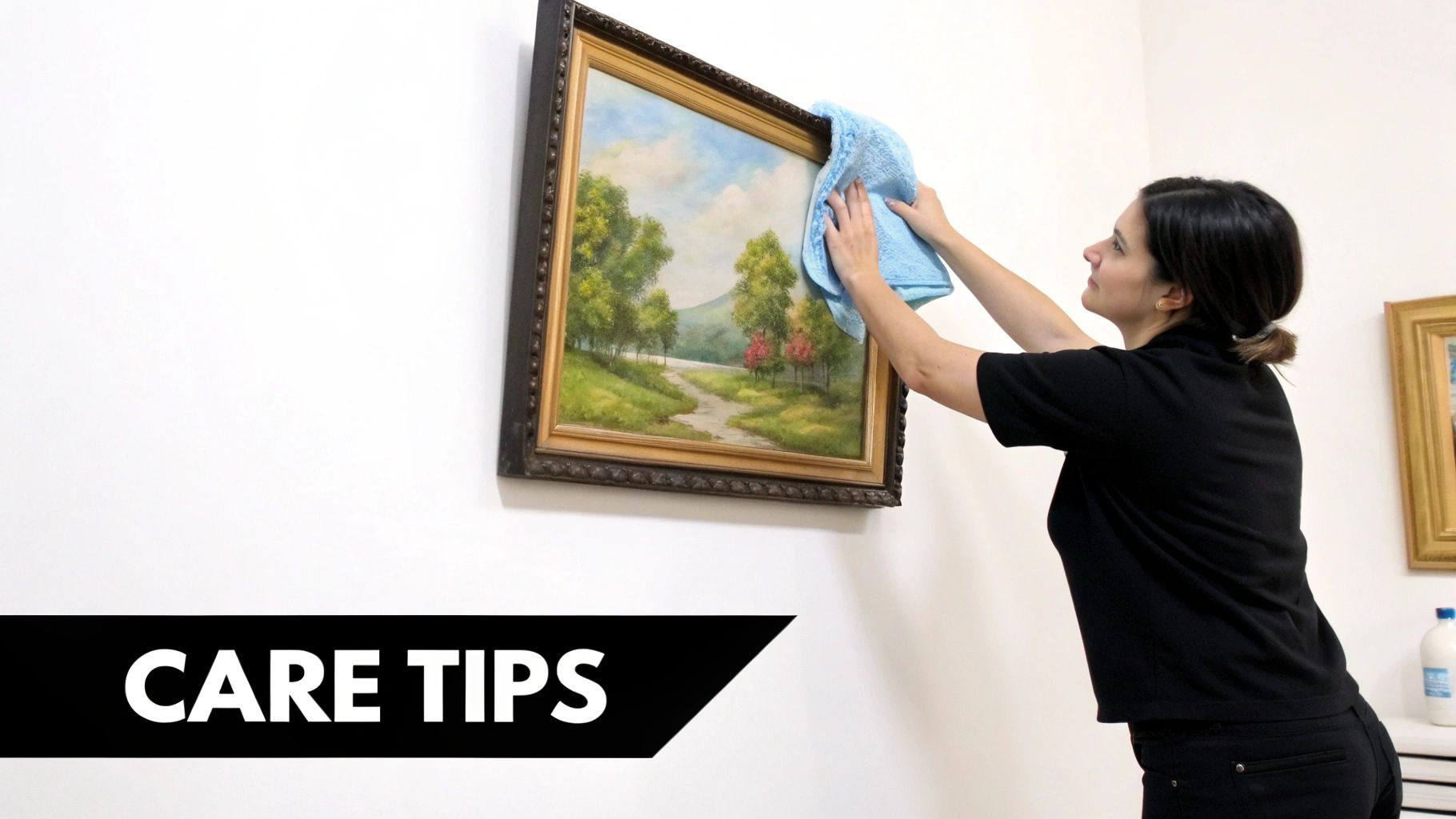 A custom acrylic painting of a dog hanging on a light-colored living room wall, away from direct sunlight.