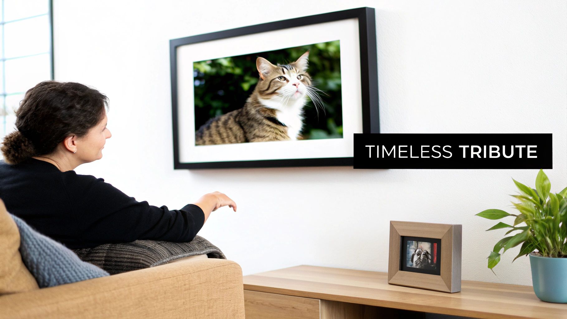 A beautiful oil painting of a tabby cat looking directly at the viewer, set against a soft, abstract background.