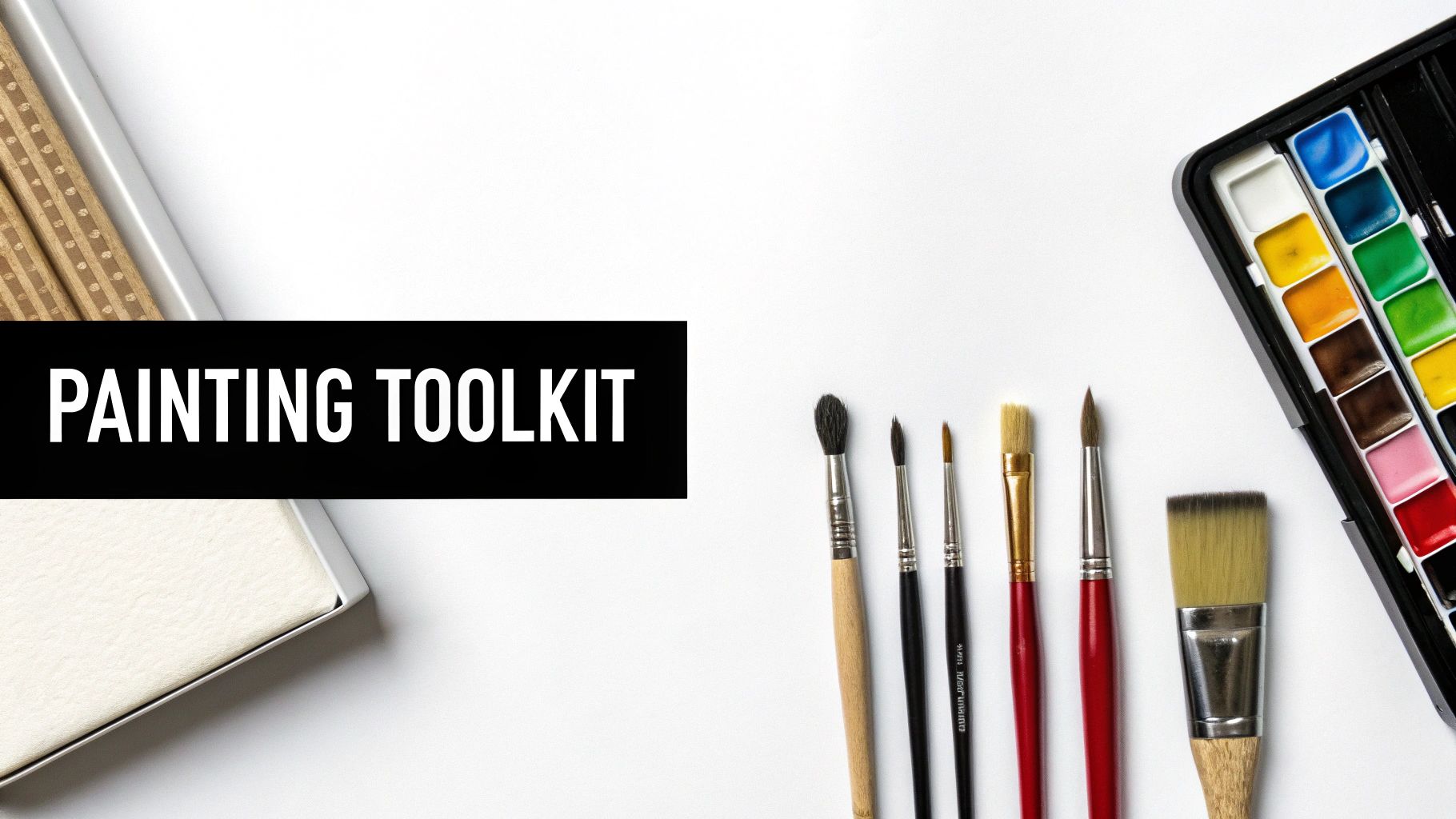 A collection of artist's paintbrushes and tubes of paint laid out on a wooden surface, ready for painting.