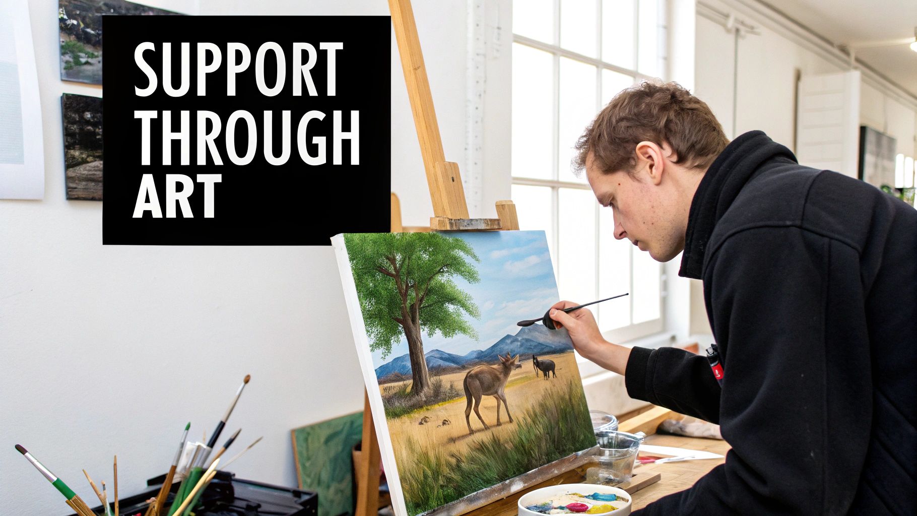 A person paints a detailed landscape with a deer and tree on an easel, highlighting support through art.