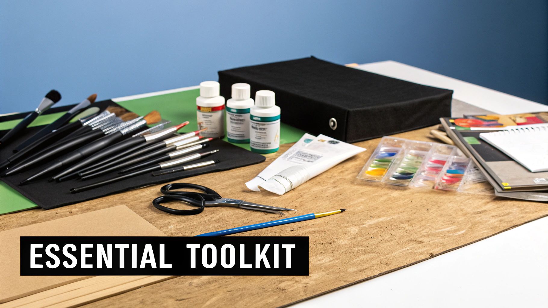 A vibrant collection of mixed media art supplies, including paints, brushes, and papers, laid out on a wooden surface.