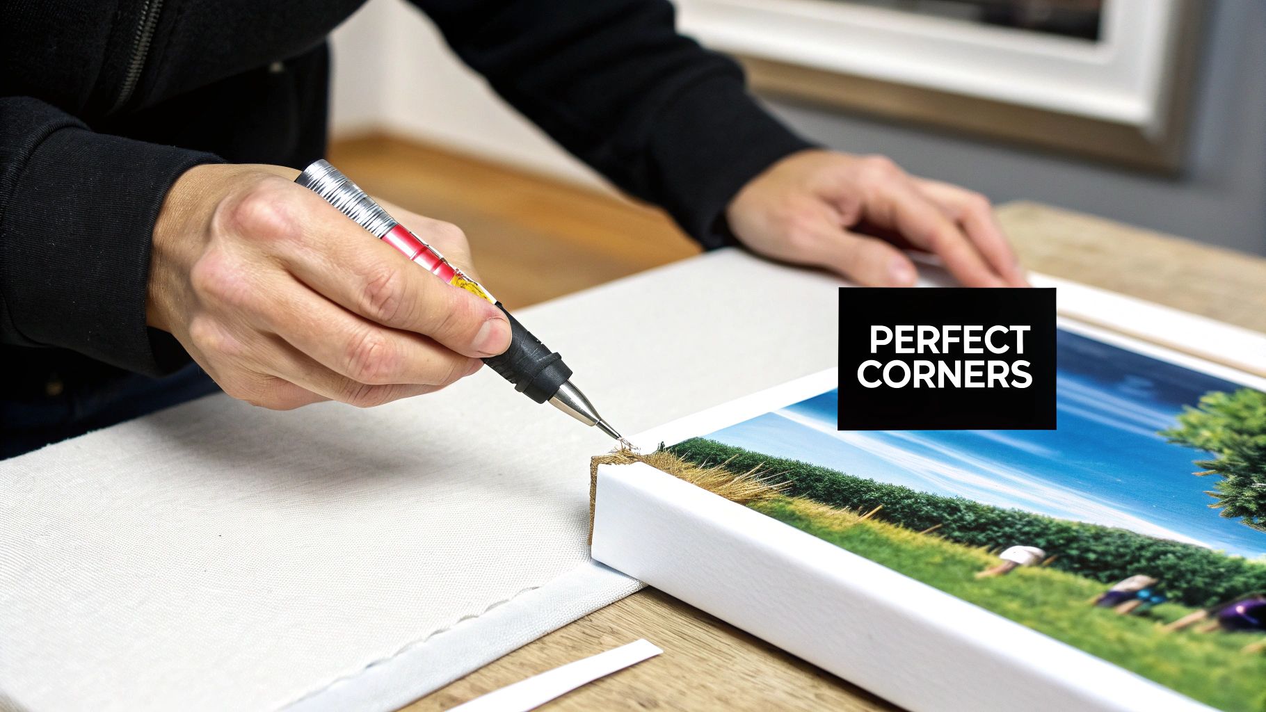 A person folding the corner of a canvas neatly against a wooden stretcher bar.