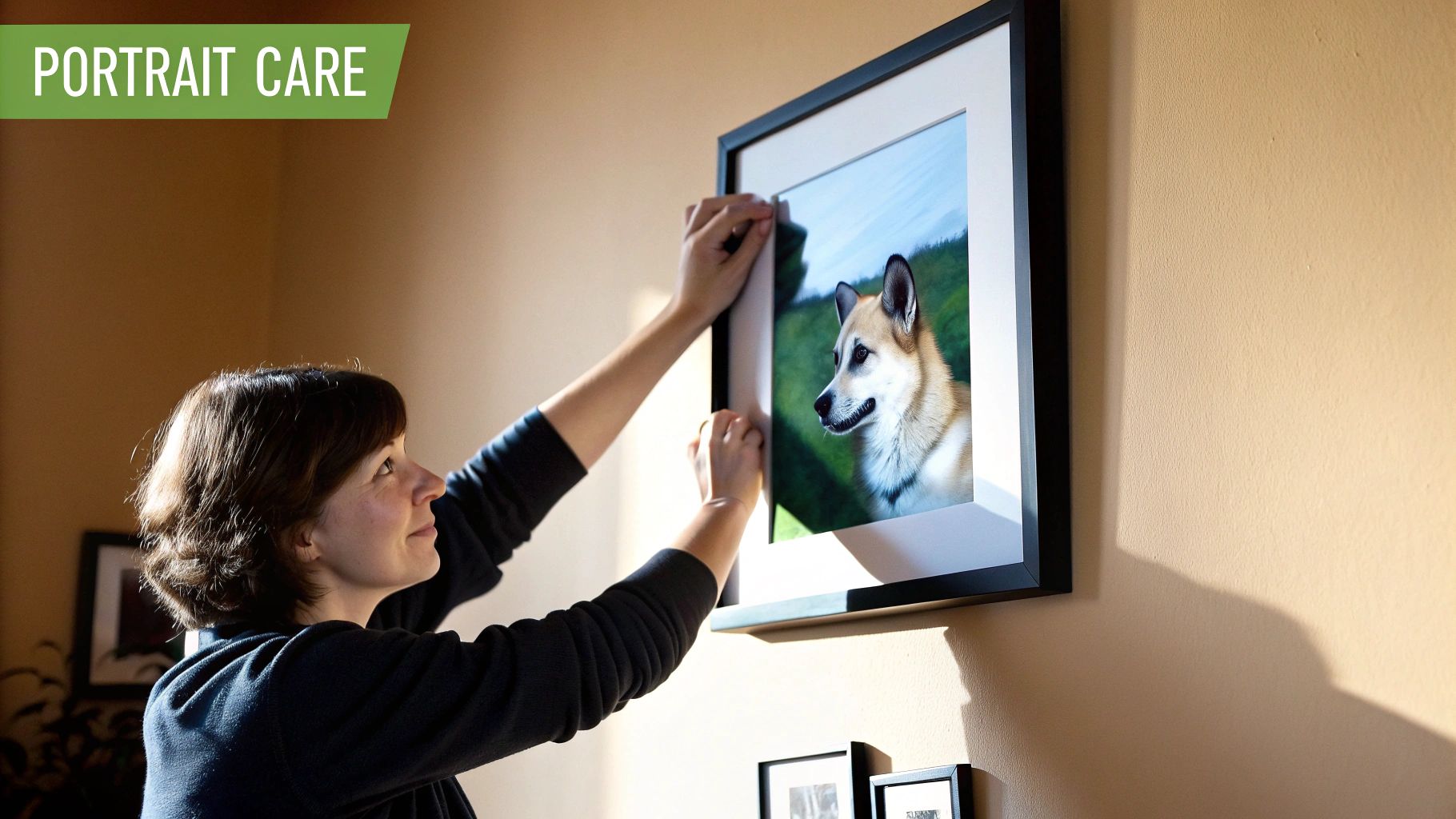 A woman hanging a framed animal portrait painting on a white wall in her home.