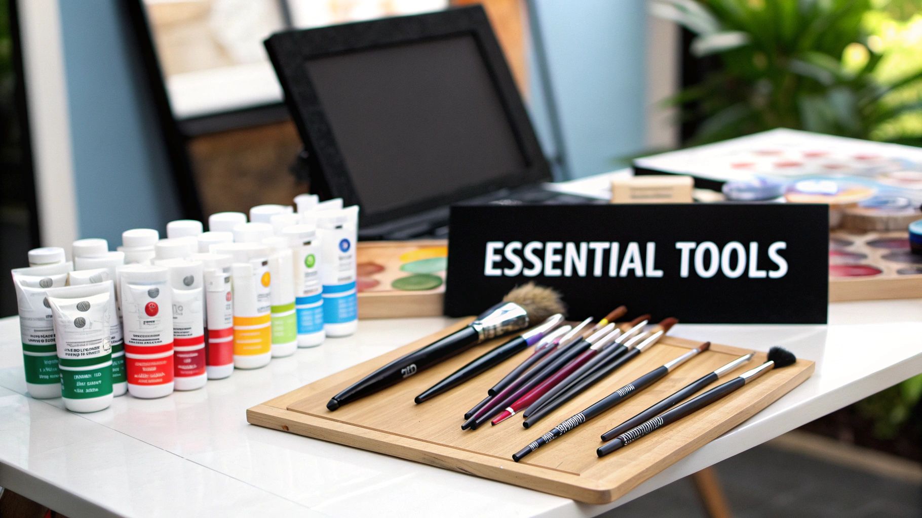Essential art supplies including acrylic paint bottles and brushes organized on wooden tray for portrait painting