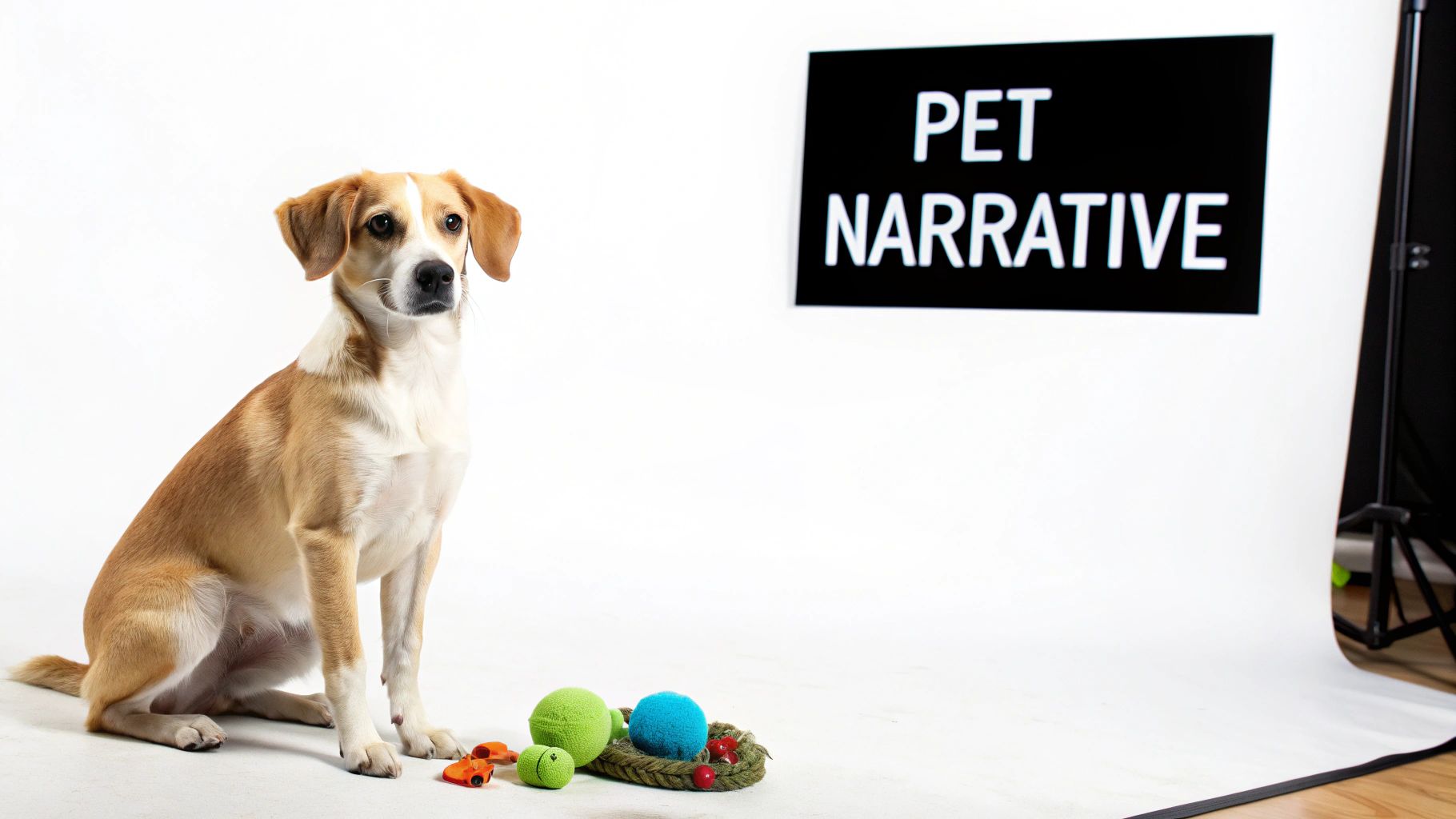 A cute brown and white dog sits on a white studio background next to pet toys and a 'PET NARRATIVE' sign.