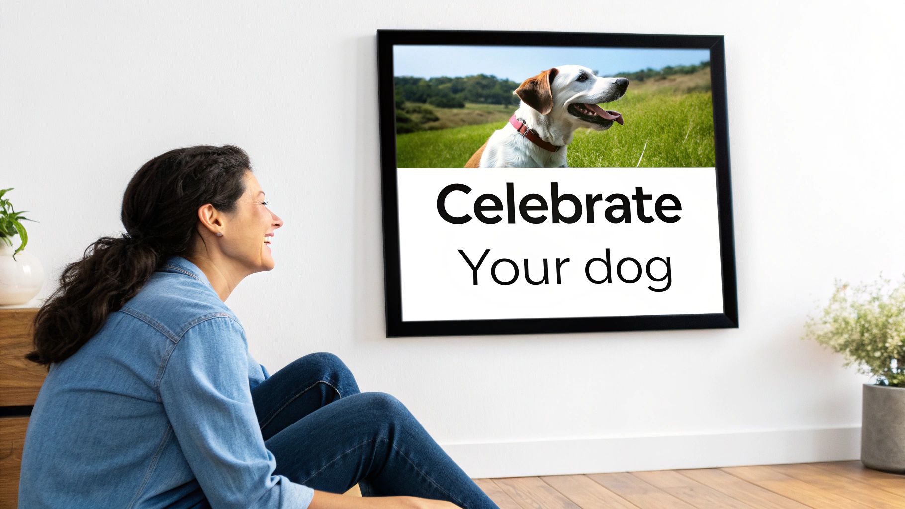Woman sitting on floor looking at framed dog celebration poster on white wall