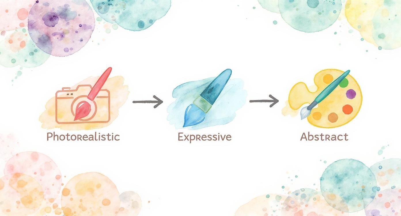 A watercolor diagram illustrating the progression from photorealistic art to expressive and abstract styles.