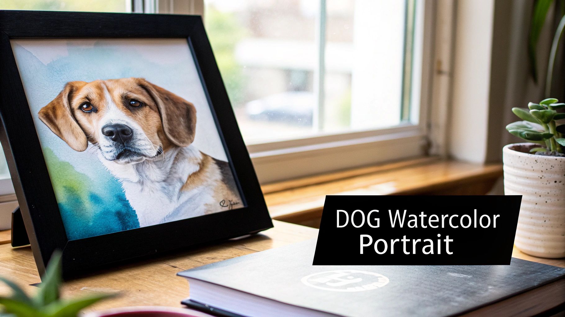 Framed watercolor portrait of beagle dog displayed on wooden desk near sunny window