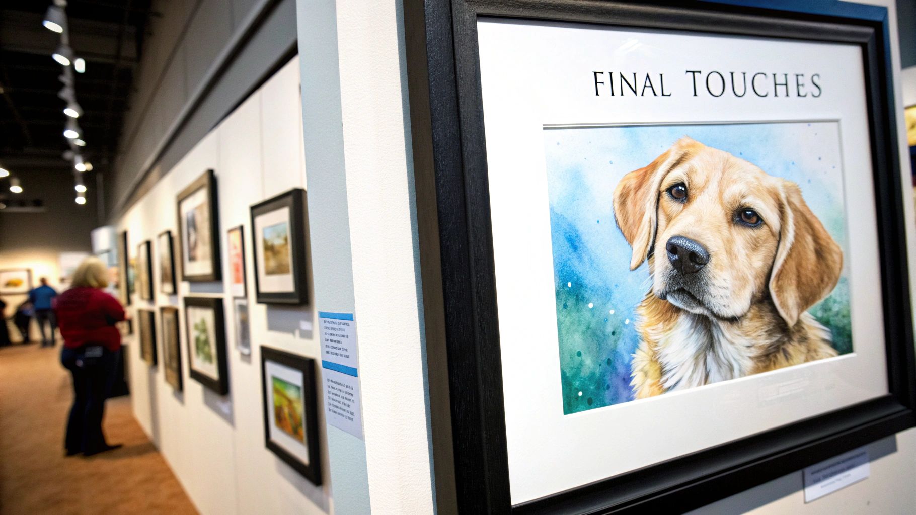 A framed watercolor painting of a dog hangs on a light-colored wall, illuminated by soft, indirect light.