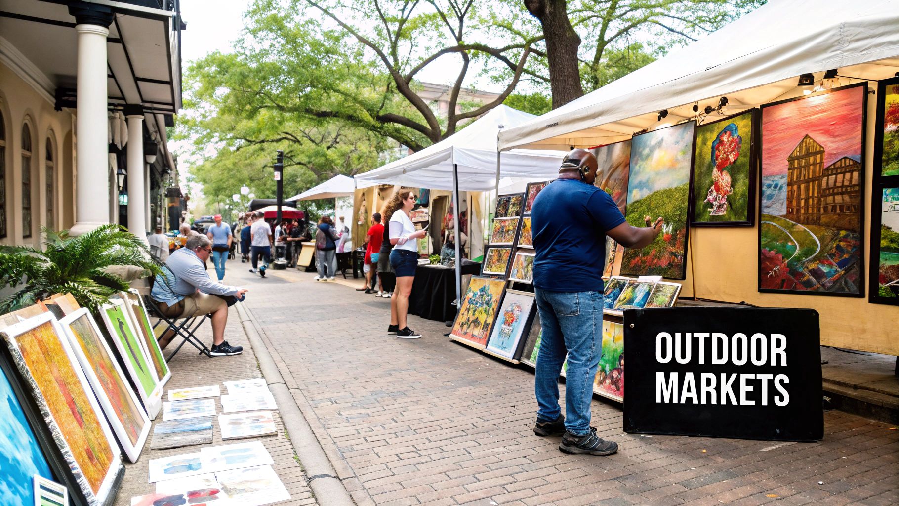 A bustling outdoor art market in New Orleans with vendors showing their work under white tents.