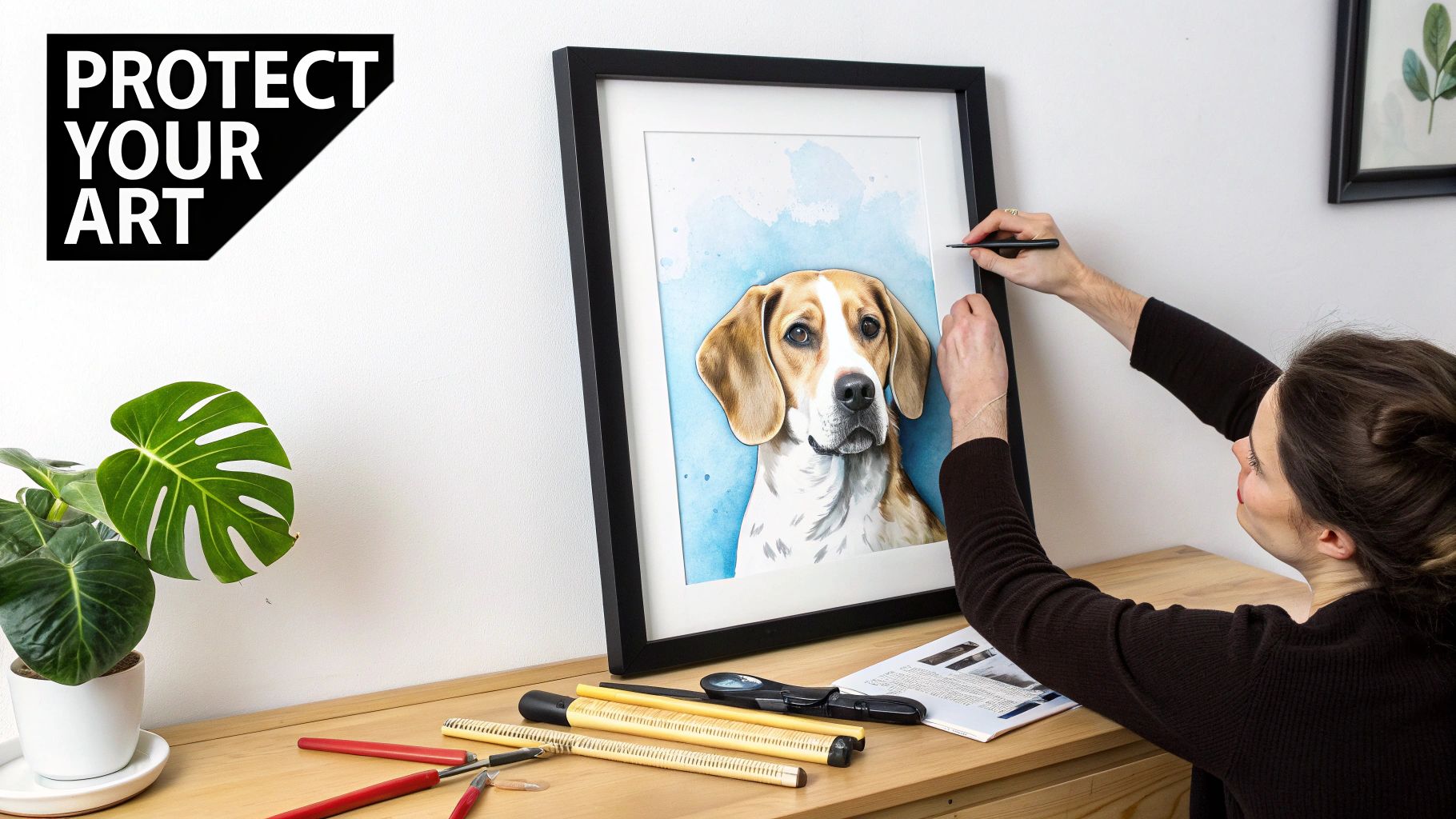 Artist adding finishing touches to framed watercolor beagle dog portrait on wooden desk