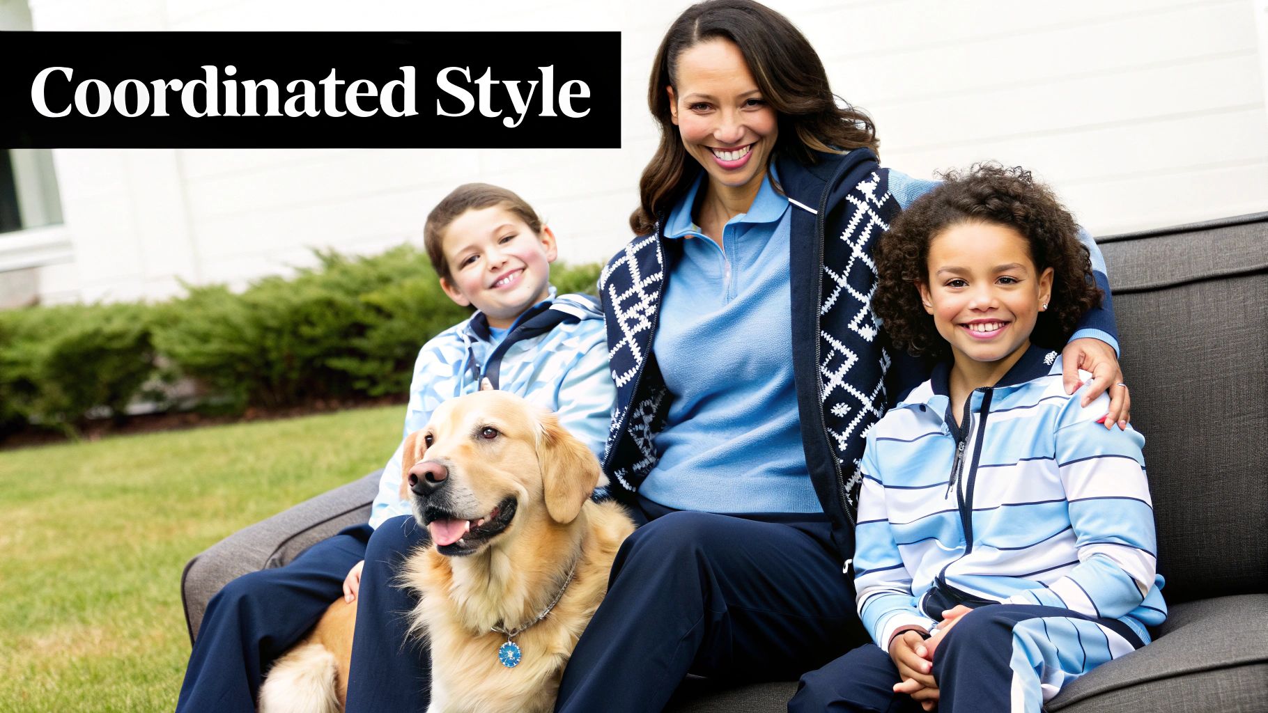 A family dressed in coordinated outfits poses with their golden retriever in a field.