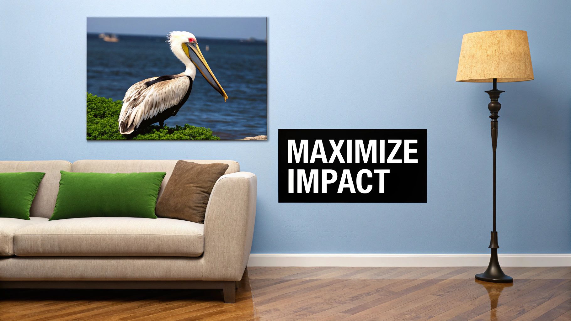 Pelican wall art canvas print displayed above beige couch with green pillows in modern living room