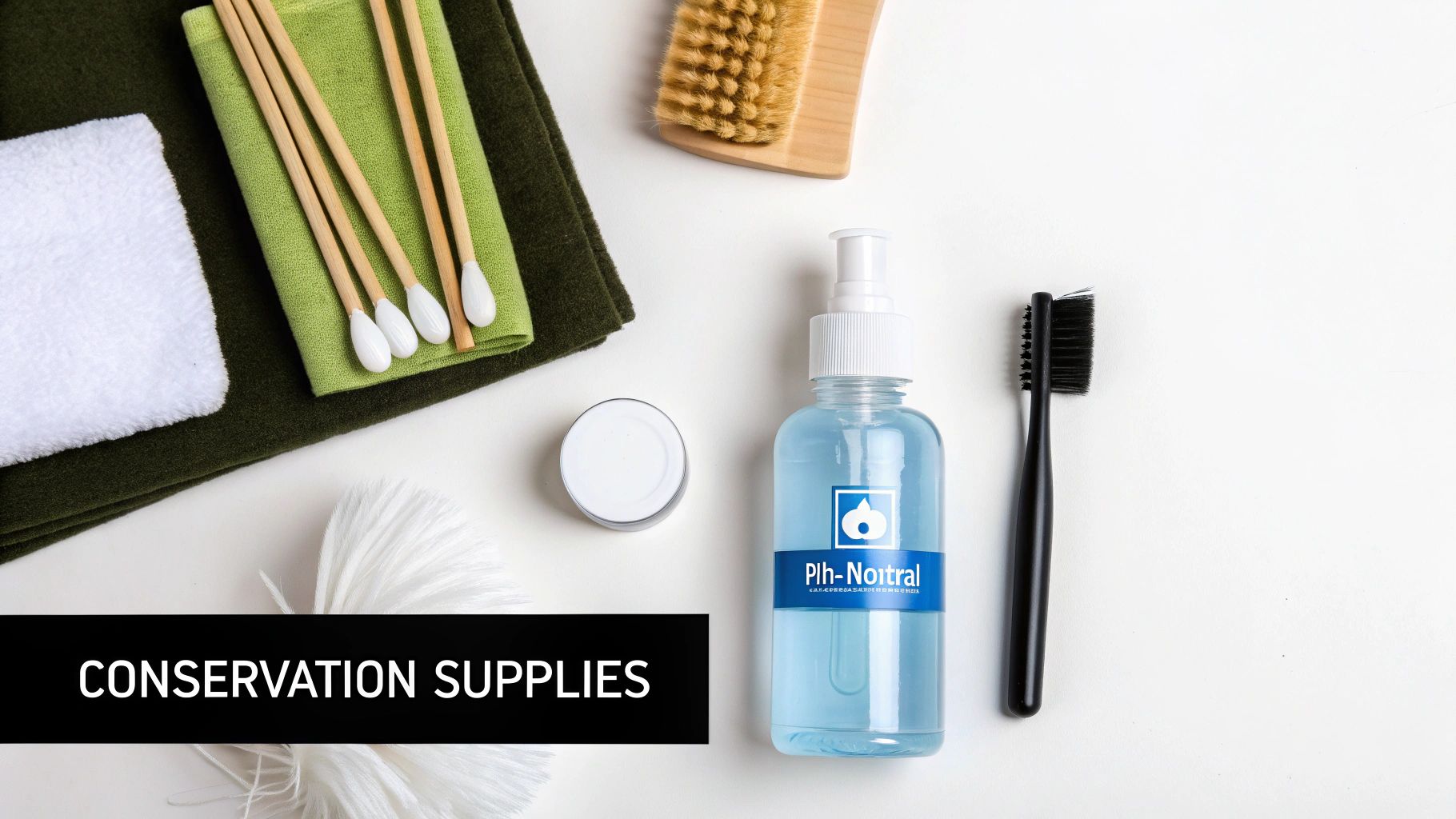 A collection of art conservation supplies, including soft brushes, cotton swabs, and a bottle of distilled water, neatly arranged on a clean workspace.