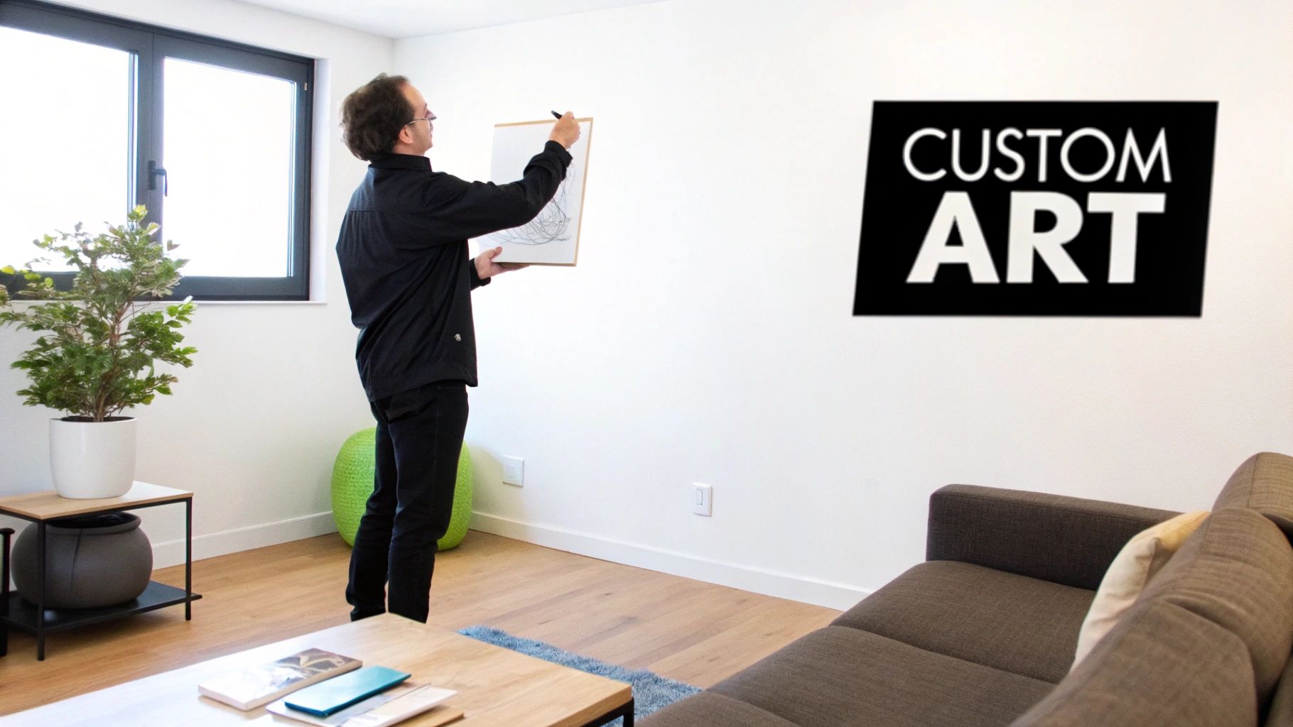 An artist's hands painting a vibrant, custom acrylic painting on a large canvas in a well-lit studio