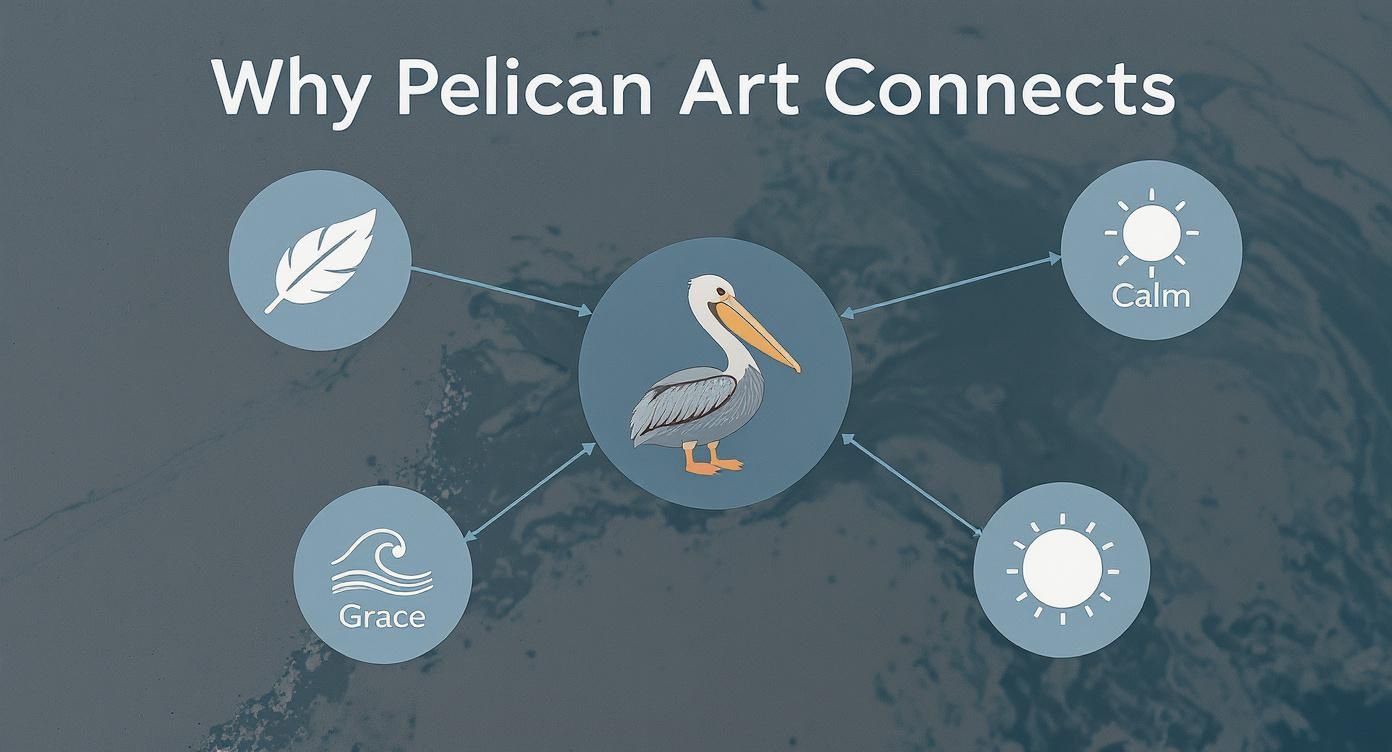 Infographic showing pelican illustration connected to symbols representing calm, grace, feather and light with connecting lines