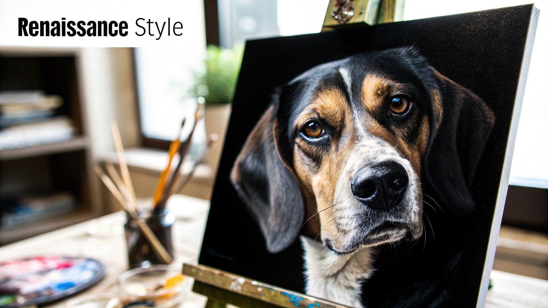 Professional Renaissance style portrait painting of a black and tan dog on canvas in art studio