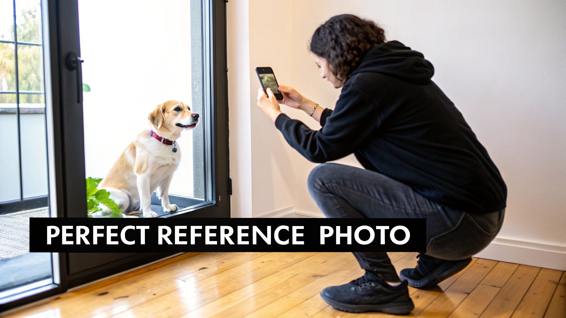 Person crouching indoors taking smartphone photo of small beagle dog sitting by open door