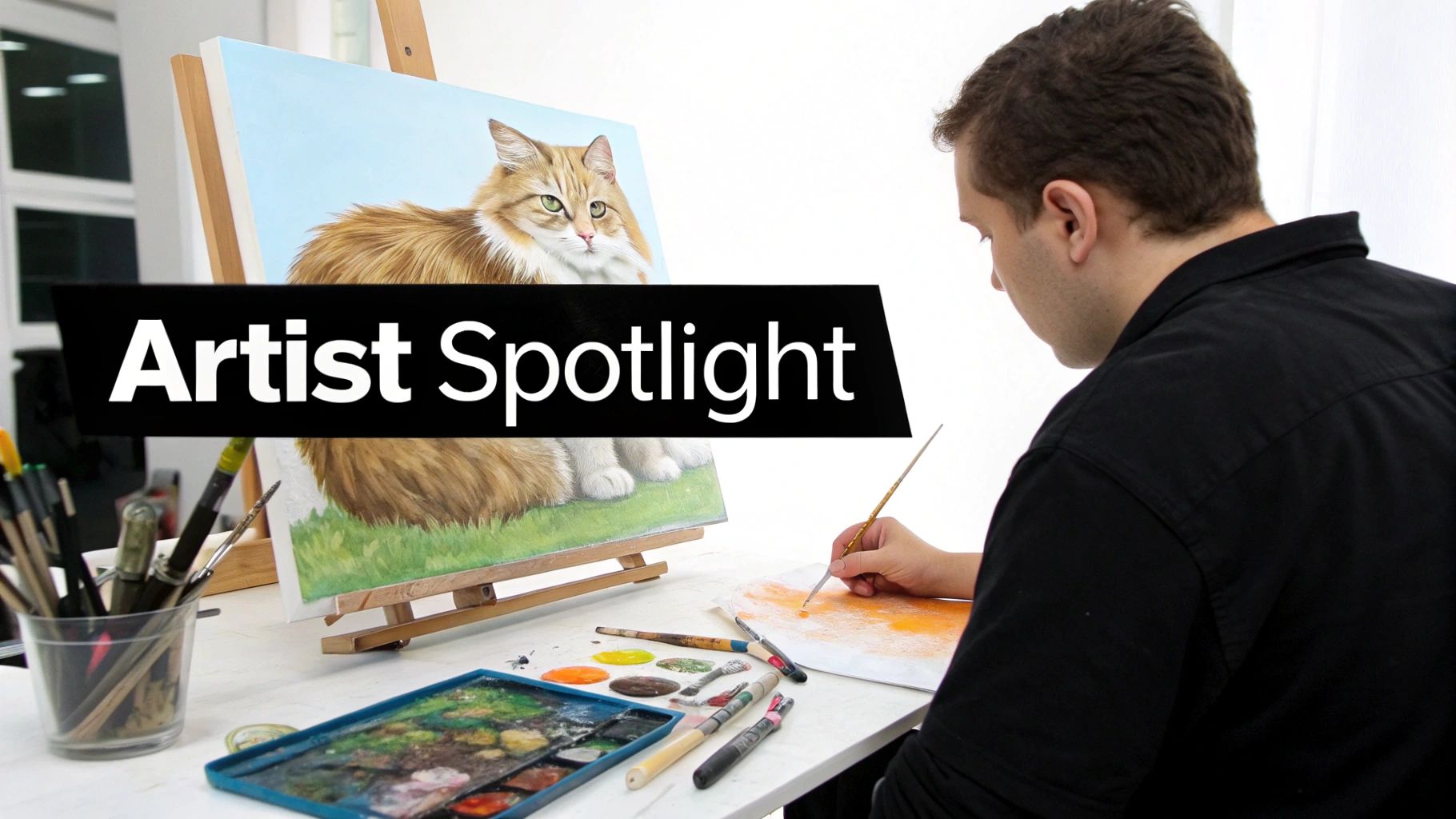 A stunning, detailed painting of a cat by William Tucker, showcasing his unique style against an abstract background.