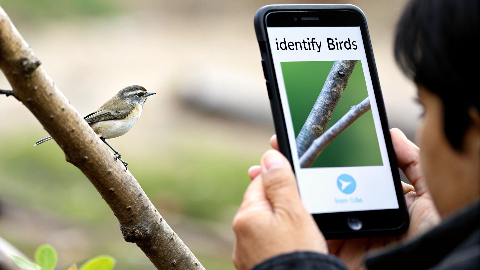 A person holding a field guide while looking at a bird perched on a branch.