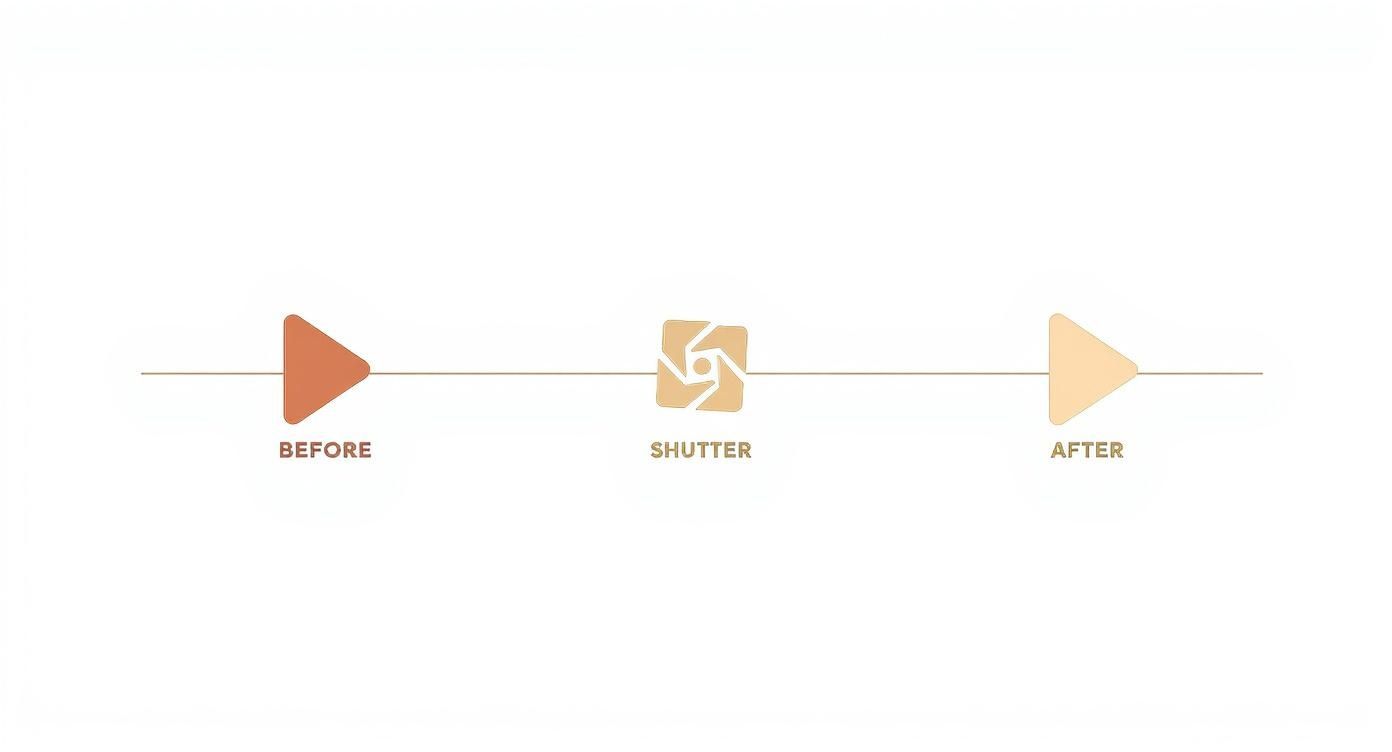 A timeline illustrating a photographic process with Before, Shutter, and After stages.