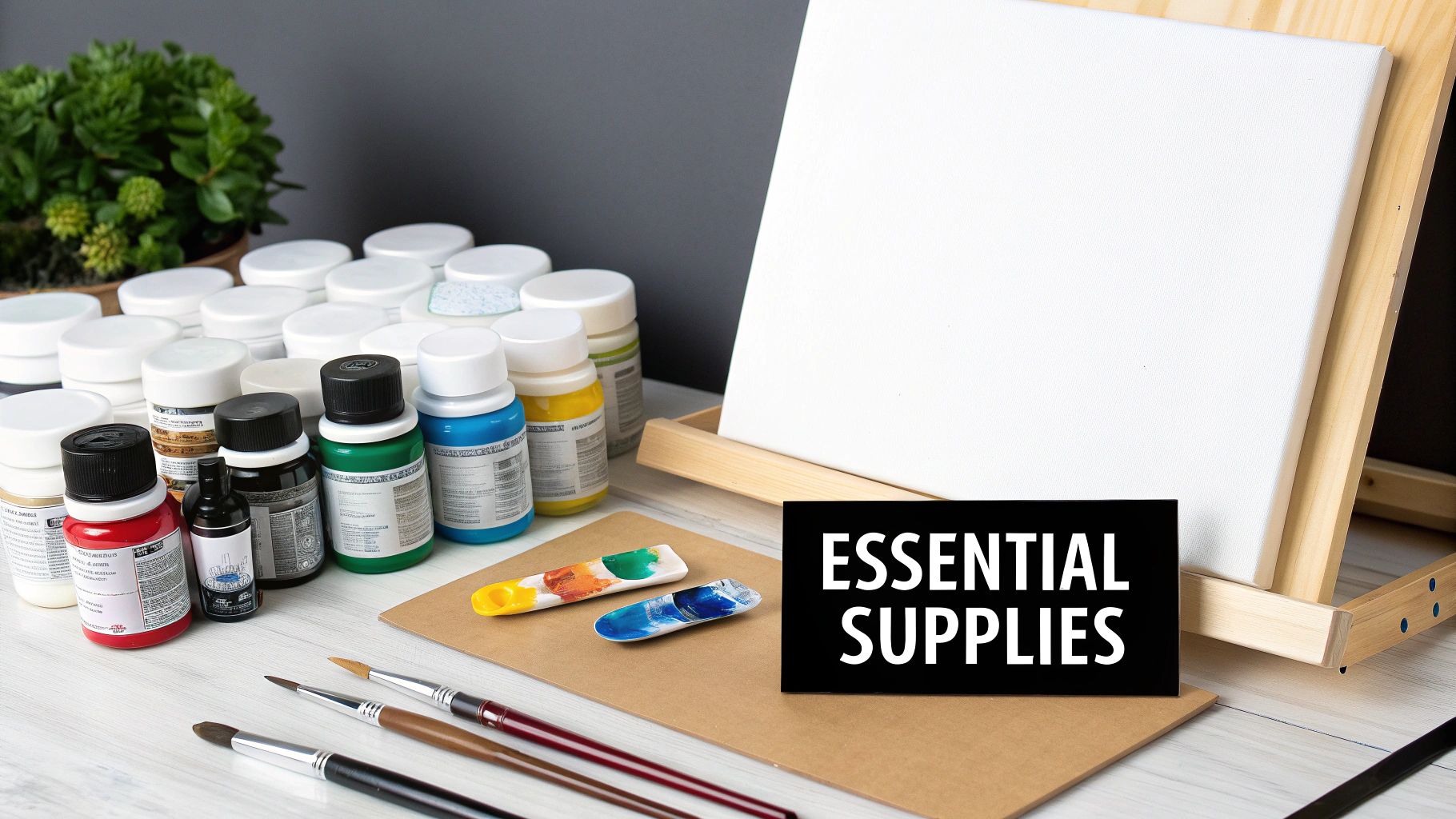 A vibrant collection of art supplies including paints, brushes, and a blank canvas on an easel, with a sign reading 'Essential Supplies'.