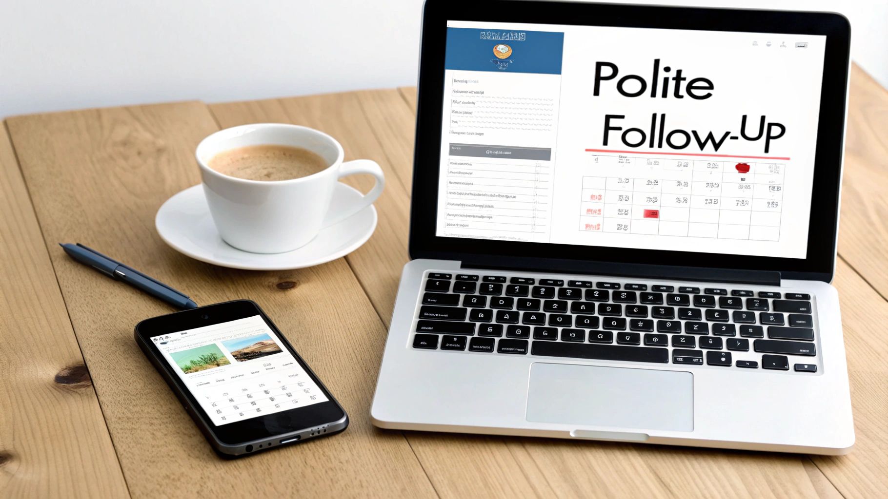 A person's hands typing on a laptop, with a coffee cup and art prints on the desk.