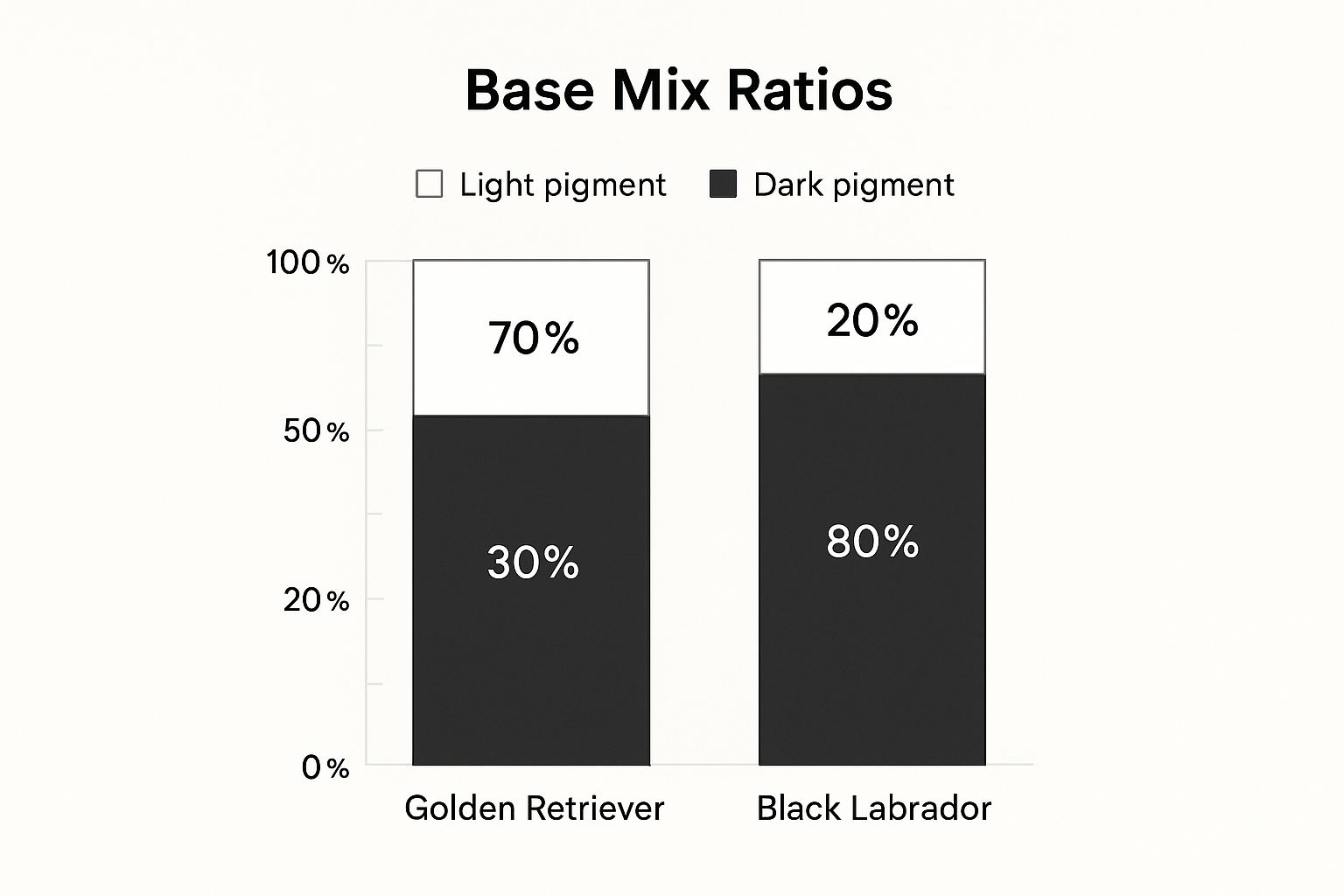 An infographic chart showing base mix ratios for painting a Golden Retriever and a Black Labrador.