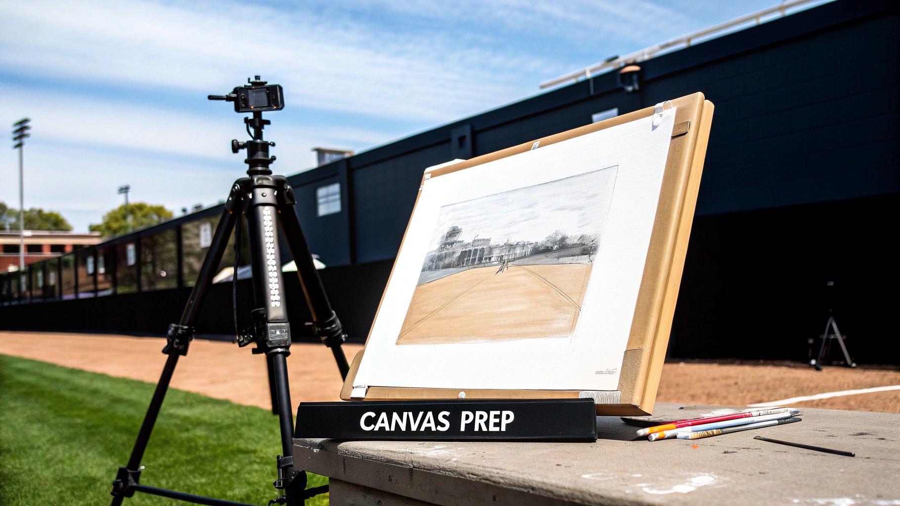 An artist's canvas on an easel, showing the faint outline of a dog sketched over a light brown toned ground.