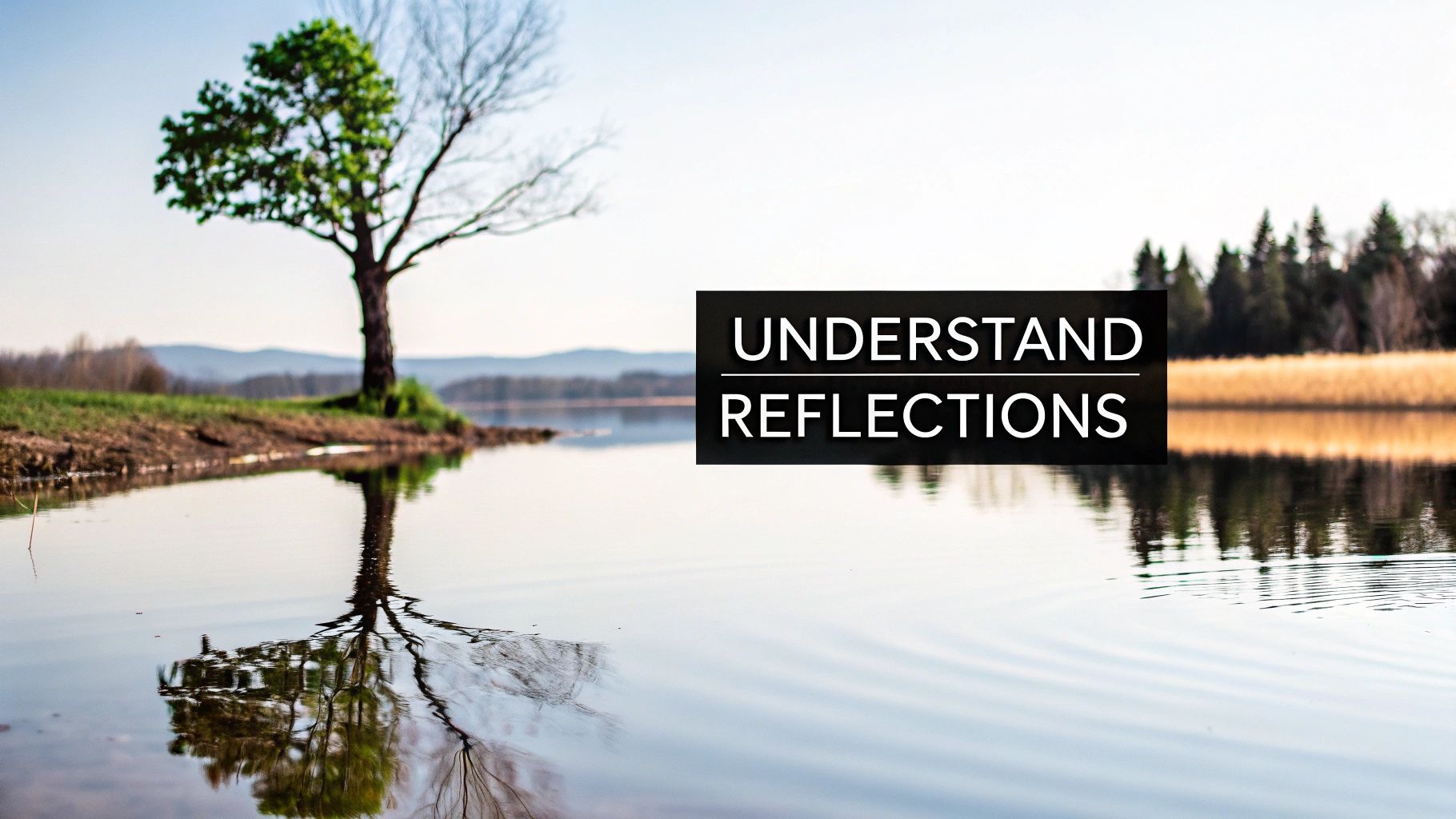 A beautiful oil painting of a lake with trees and mountains, where the reflections in the water are perfectly captured.