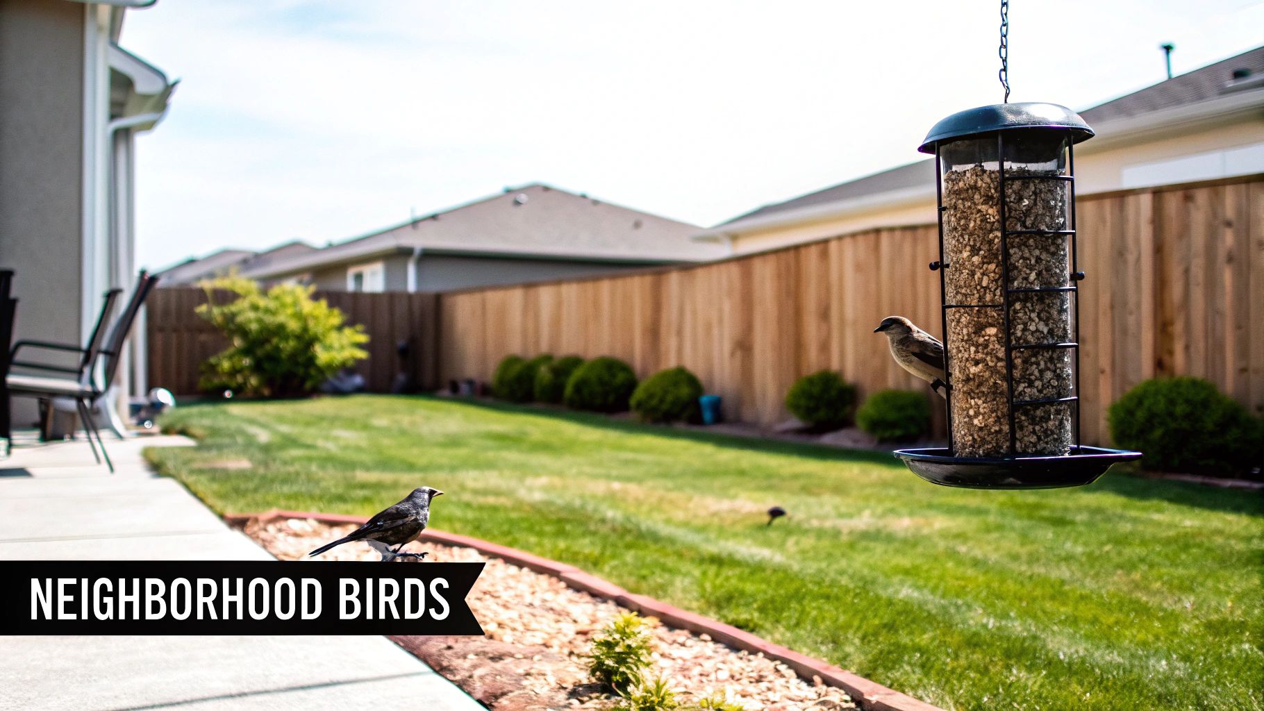 A bright red cardinal perched on a branch in a suburban backyard.