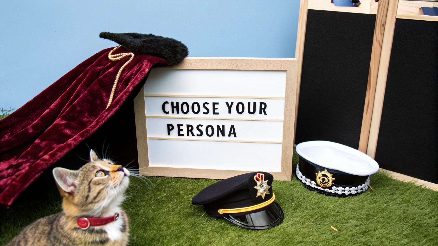Kitten with costume hats and sign reading choose your persona on grass backdrop