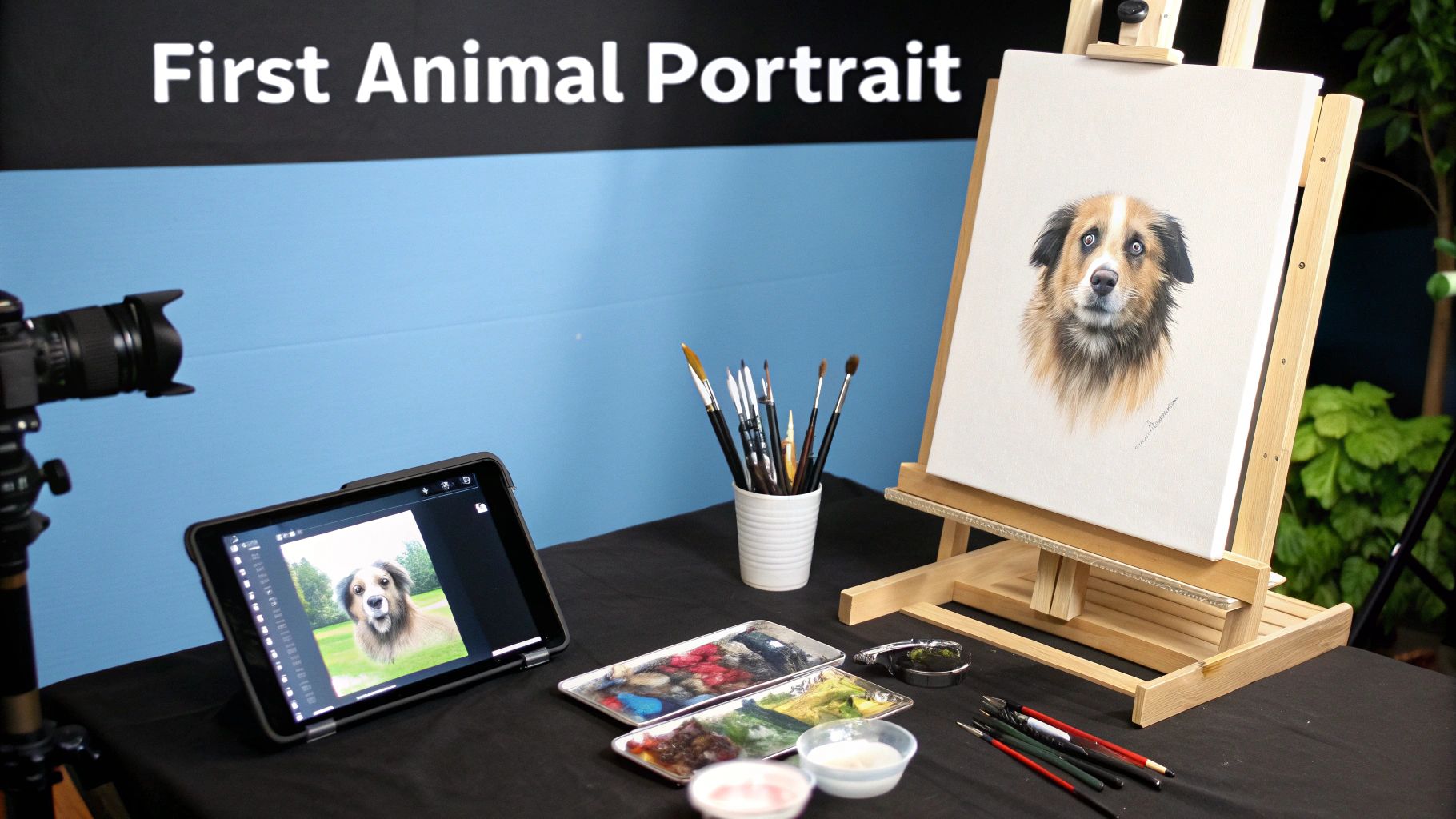 A studio setup with a painted dog portrait on an easel, art supplies, and a reference image on a tablet.