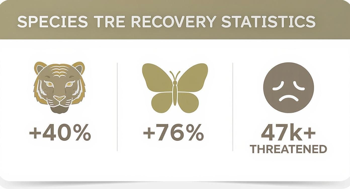 Infographic showing conservation successes, with icons for tigers (+40%) and butterflies (+76%), contrasted with the large number of threatened species (47k+).