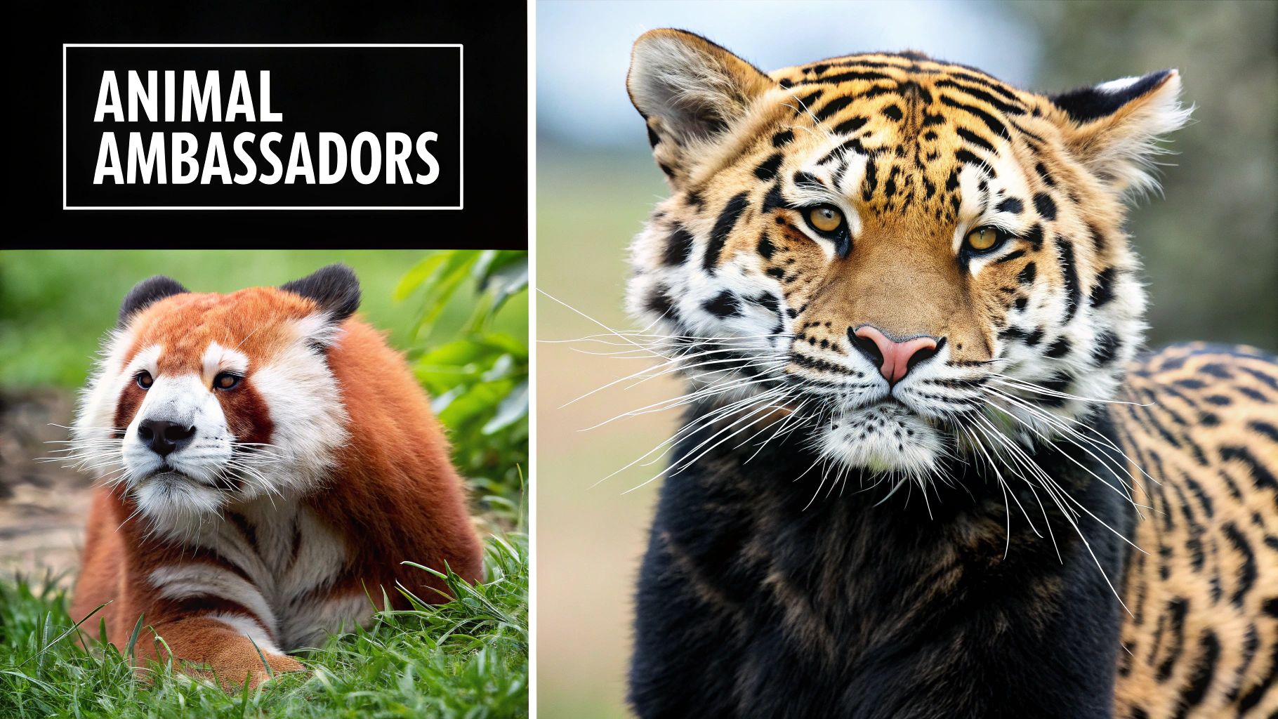 A surreal image featuring a hybrid red panda with tiger stripes and a tiger with a black chest. Text: ANIMAL AMBASSADORS.