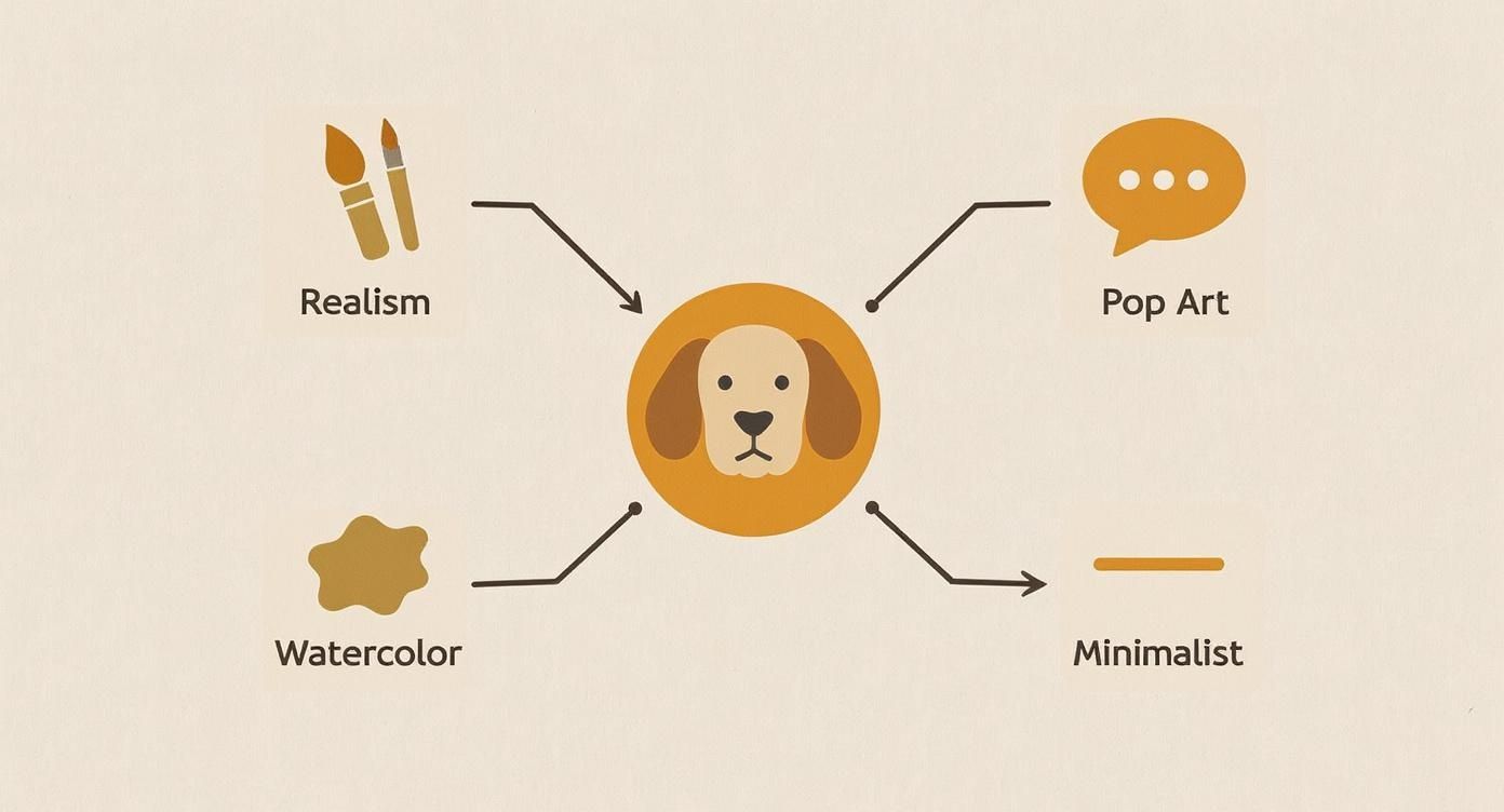 Dog illustration in center with four art style branches showing realism, pop art, watercolor, and minimalist