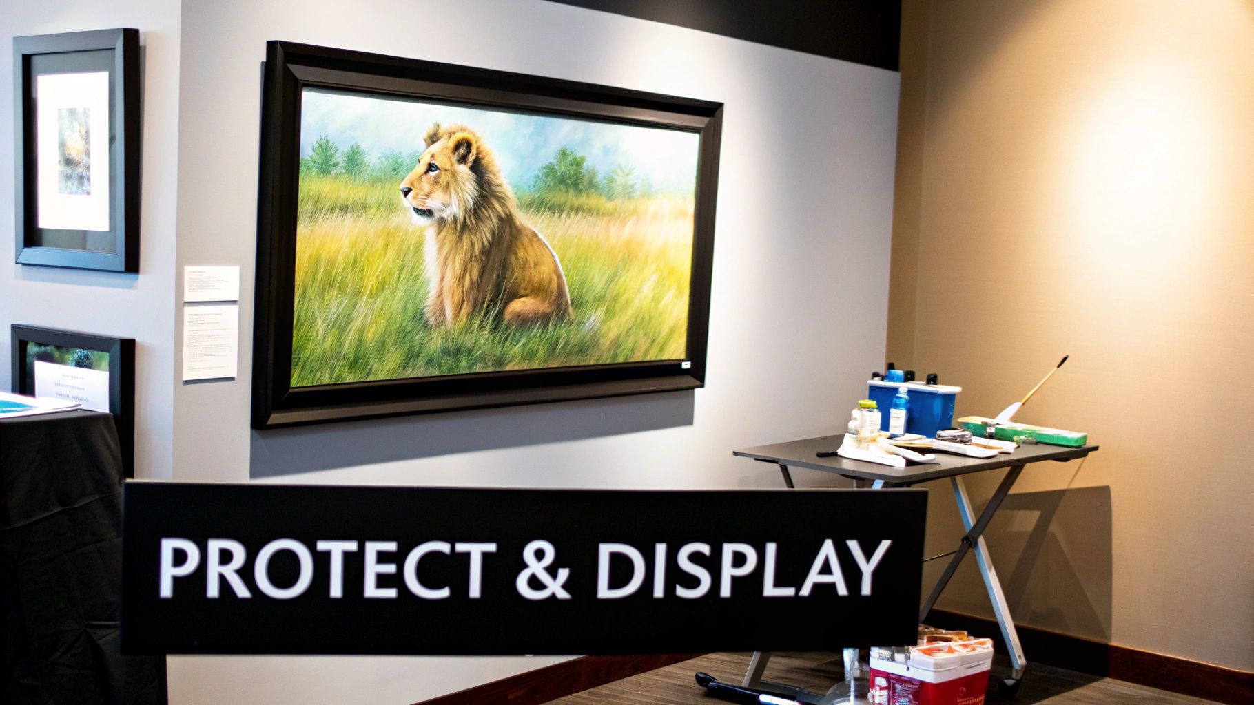 A large framed painting of a lion cub in a grassy field displayed at an art exhibition.
