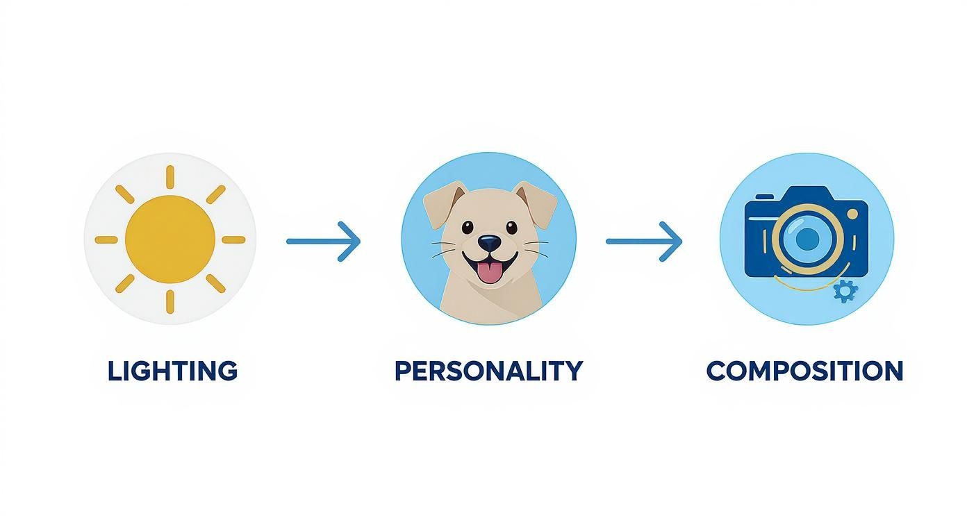 Illustration outlining lighting, pet personality, and composition for taking great pet photos.