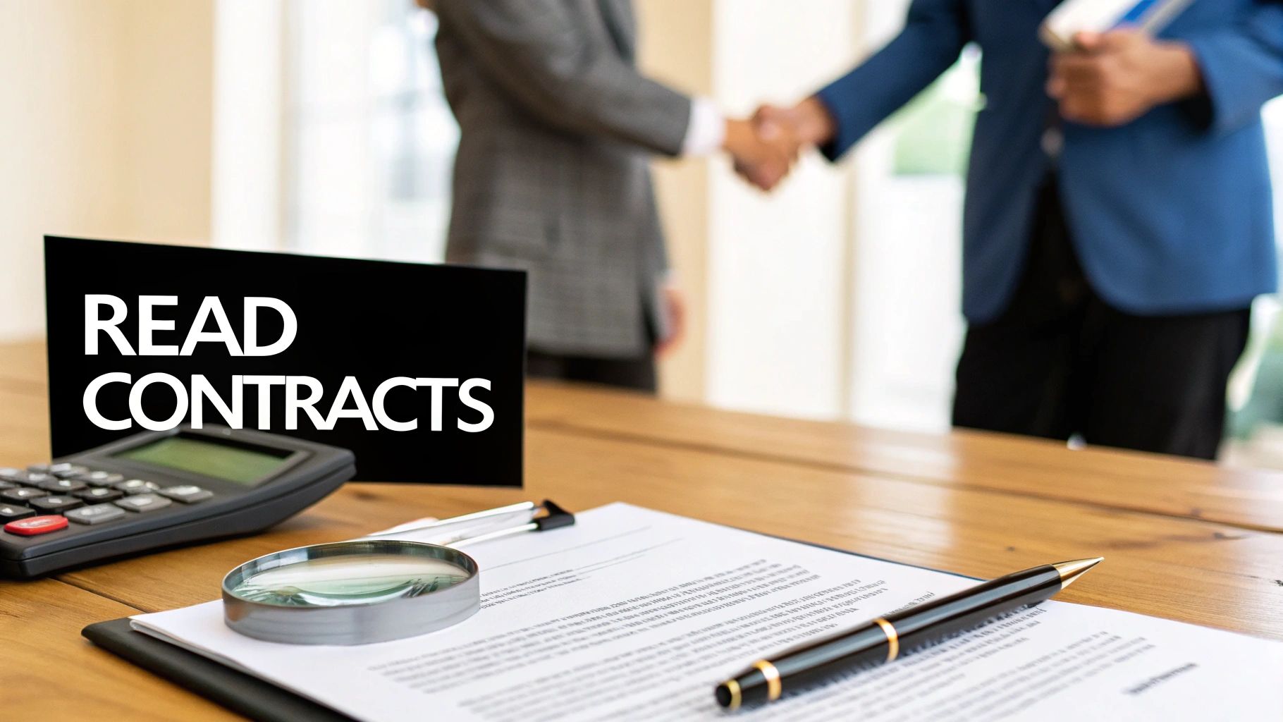 A close-up shot of two people shaking hands over a signed contract on a wooden table, with art supplies in the background.